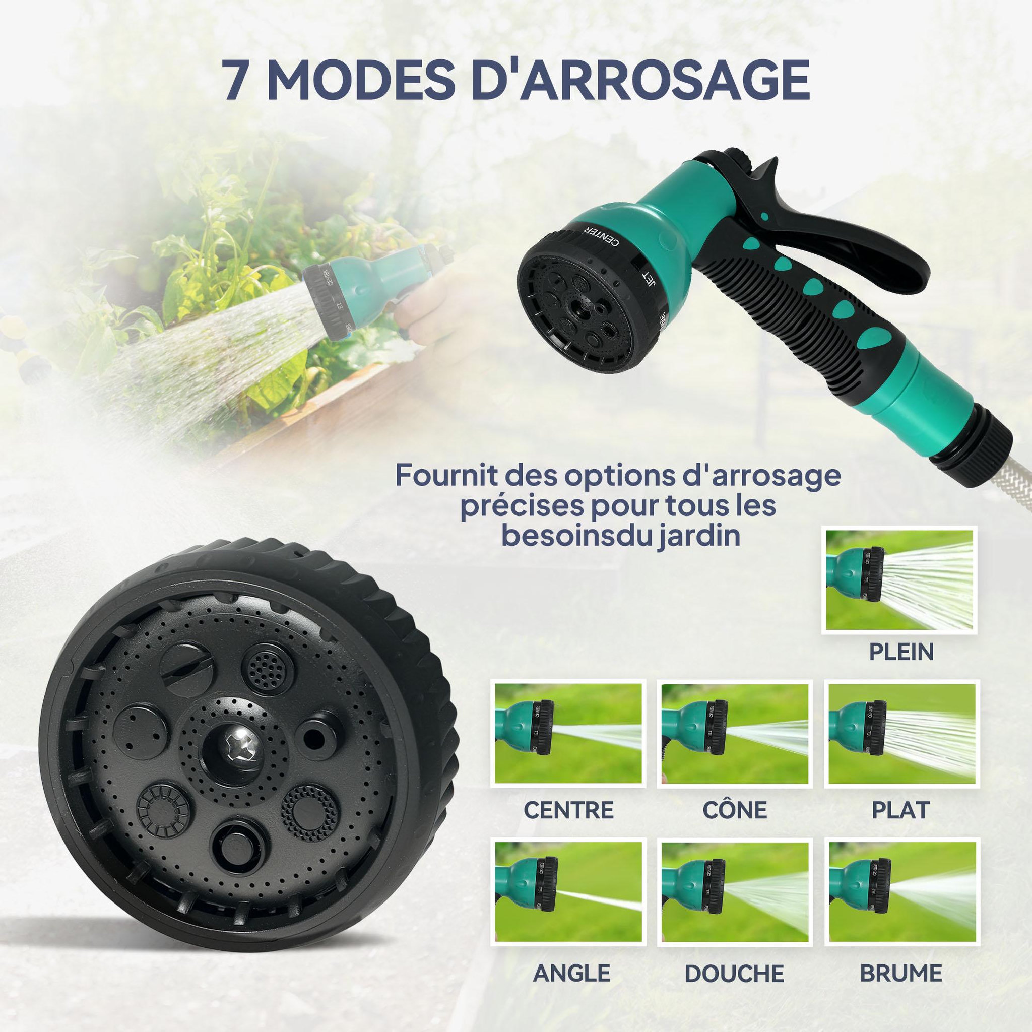Voir la diapositive 6 : OUTSUNNY Dévidoir mural enrouleur automatique pivotant 180° tuyau 25 + 2 m avec lance arrosage 7 modes support mural intégré gris clair vert