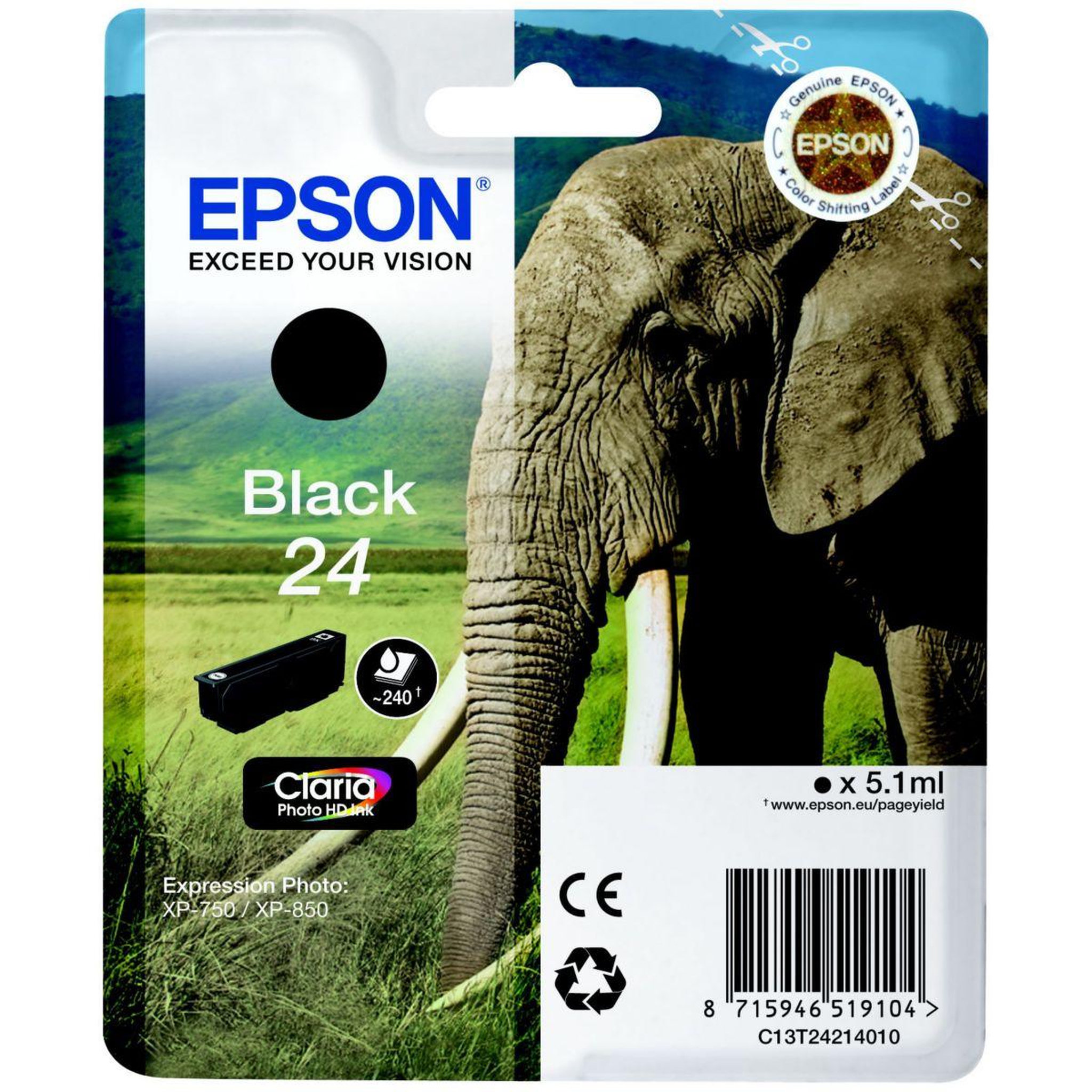 Voir la diapositive 1 : Epson Cartouche d'encre originale t2421 noire série éléphant - c13t24214010