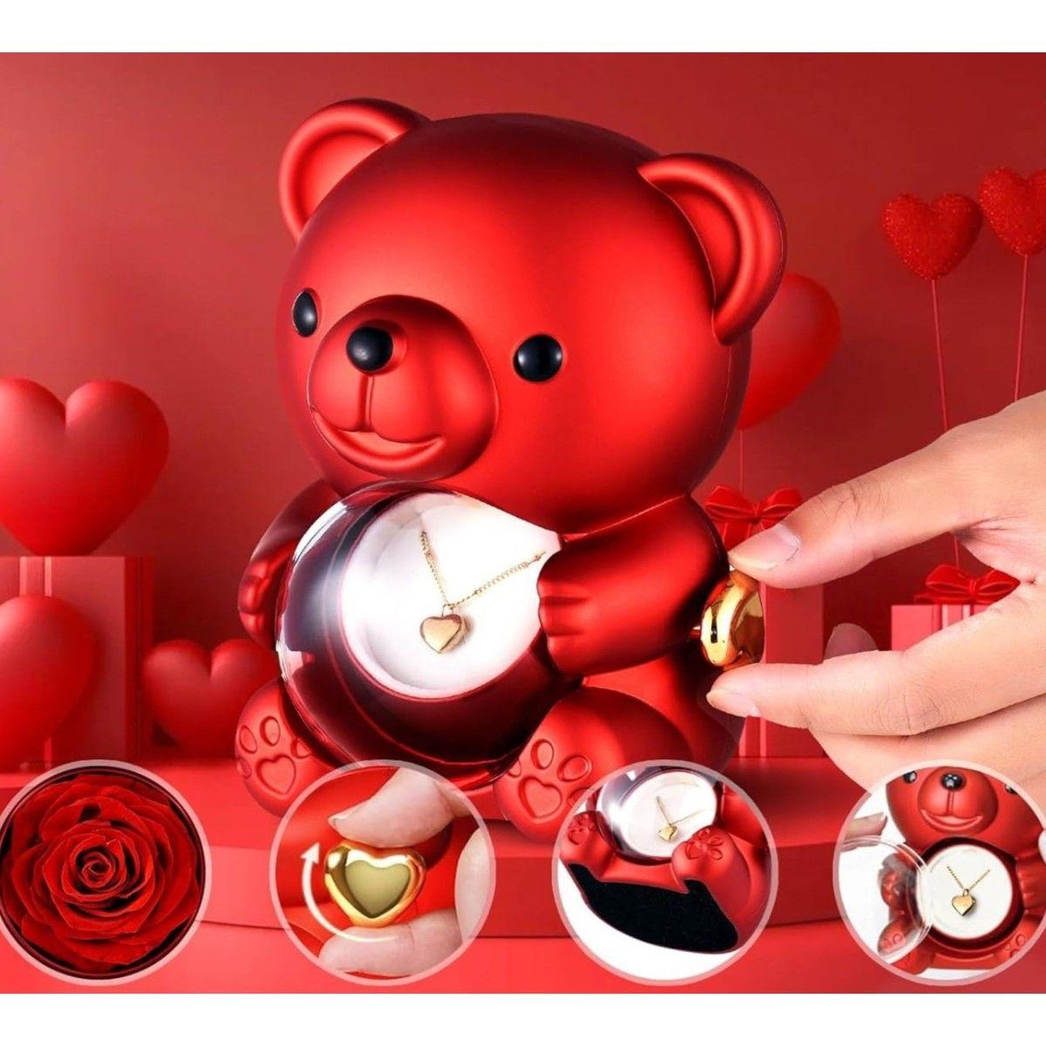 Voir la diapositive 2 : SC CRYSTAL Boite à bijoux Ourson décorée d'une rose éternelle - stabilisée rouge
