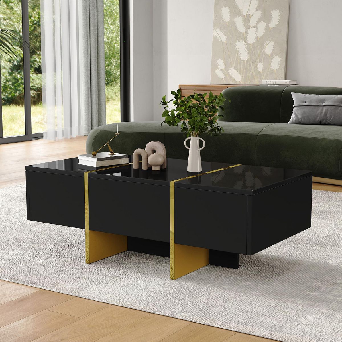 MERAX Table Basse Avec 2 Tiroirs Et 2 Compartiments 100 X 50 X 35cm Noir