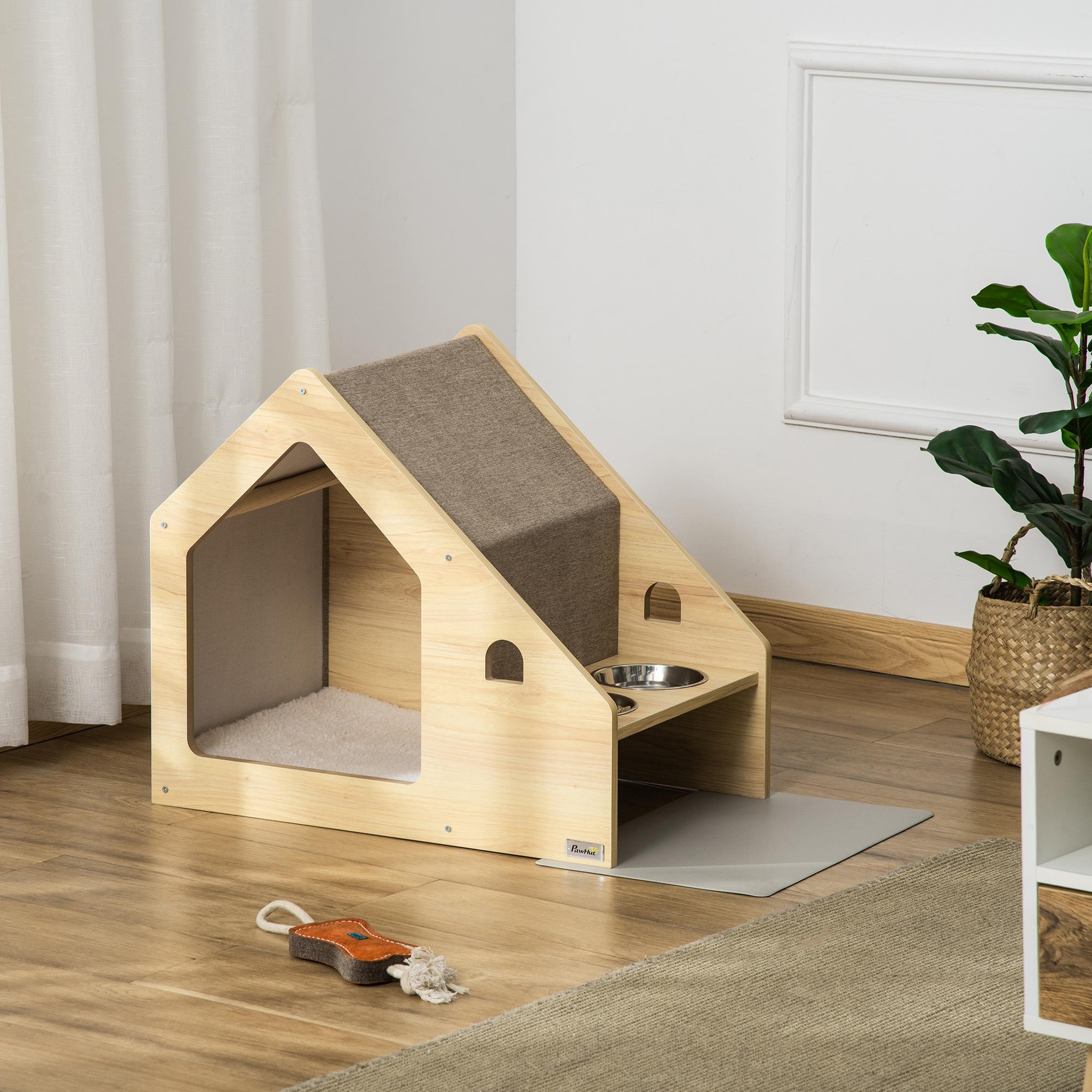 Voir la diapositive 2 : PAWHUT Niche d'intérieur pour chien et chat design avec 2 gamelles et coussin amovible MDF aspect bois clair tissu brun clair