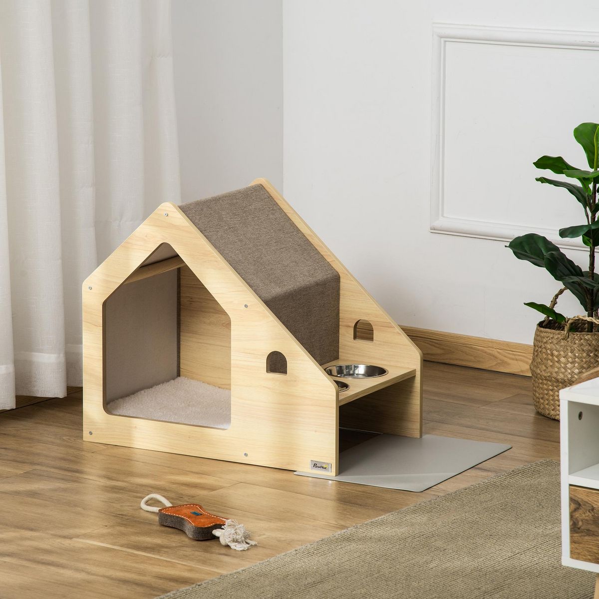 PAWHUT Niche d'intérieur pour chien et chat design avec 2 gamelles et coussin amovible MDF aspect bois clair tissu brun clair