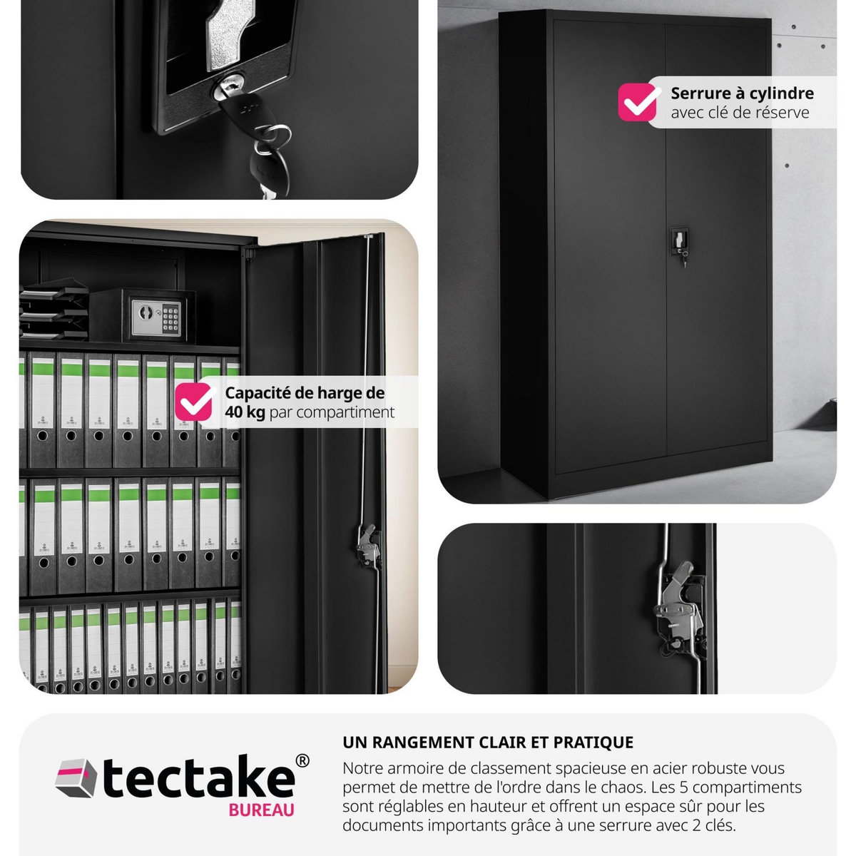 tectake Armoire de classement en acier lâqué époxy noir