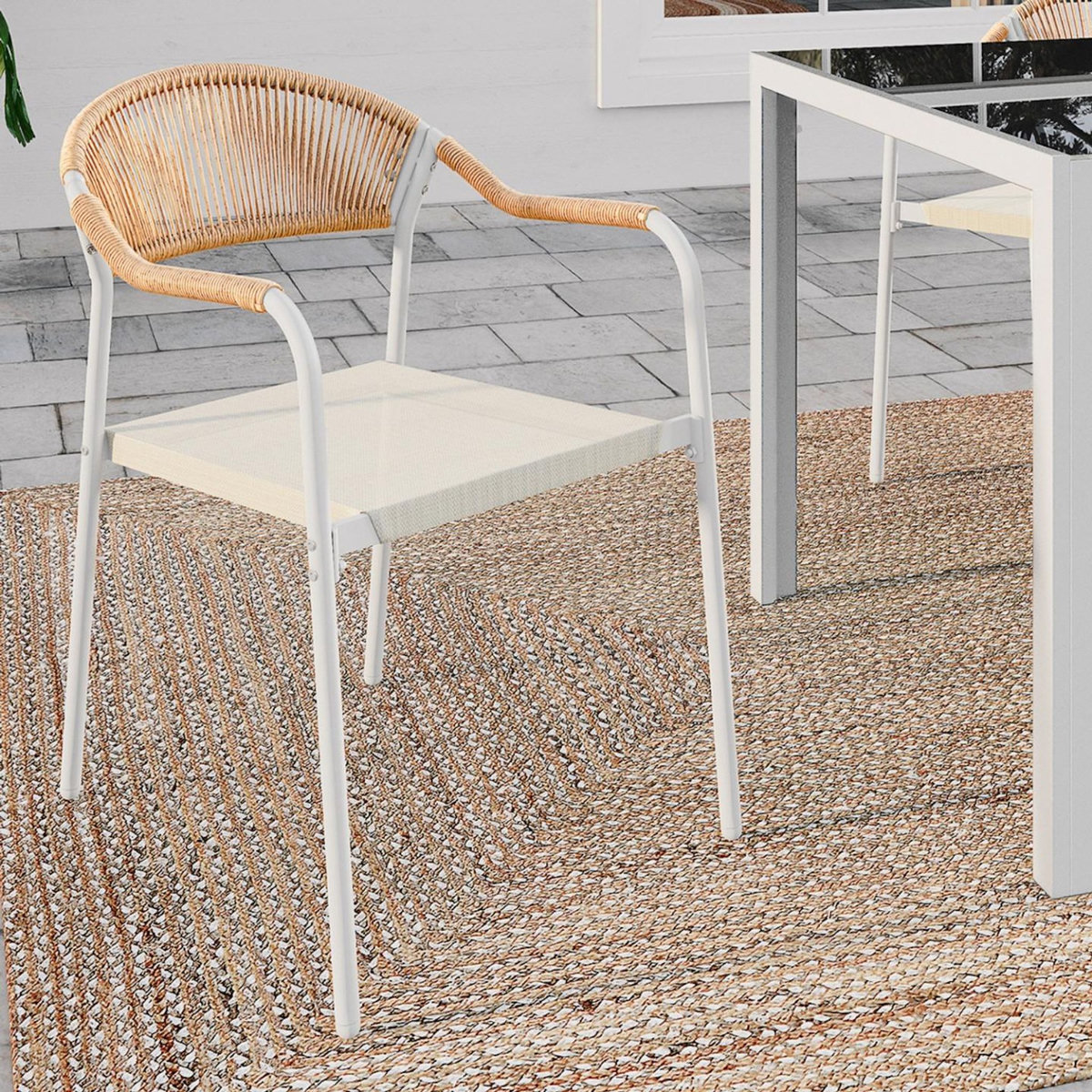 ID MARKET Lot de 6 chaises de jardin MADEIRA métal blanc cordage et textilène beige et rotin clair