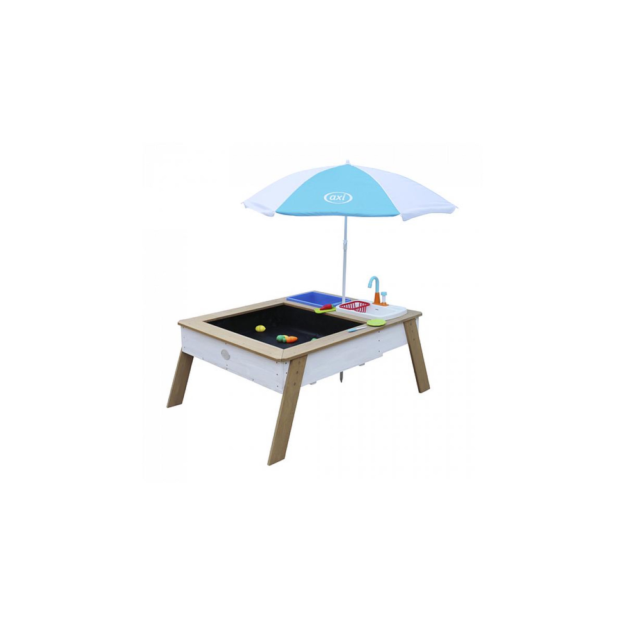 Voir la diapositive 2 : Axi House AXI Linda Table sable et eau avec Cuisine et evier Marron Blanc Parasol Bleu Blanc