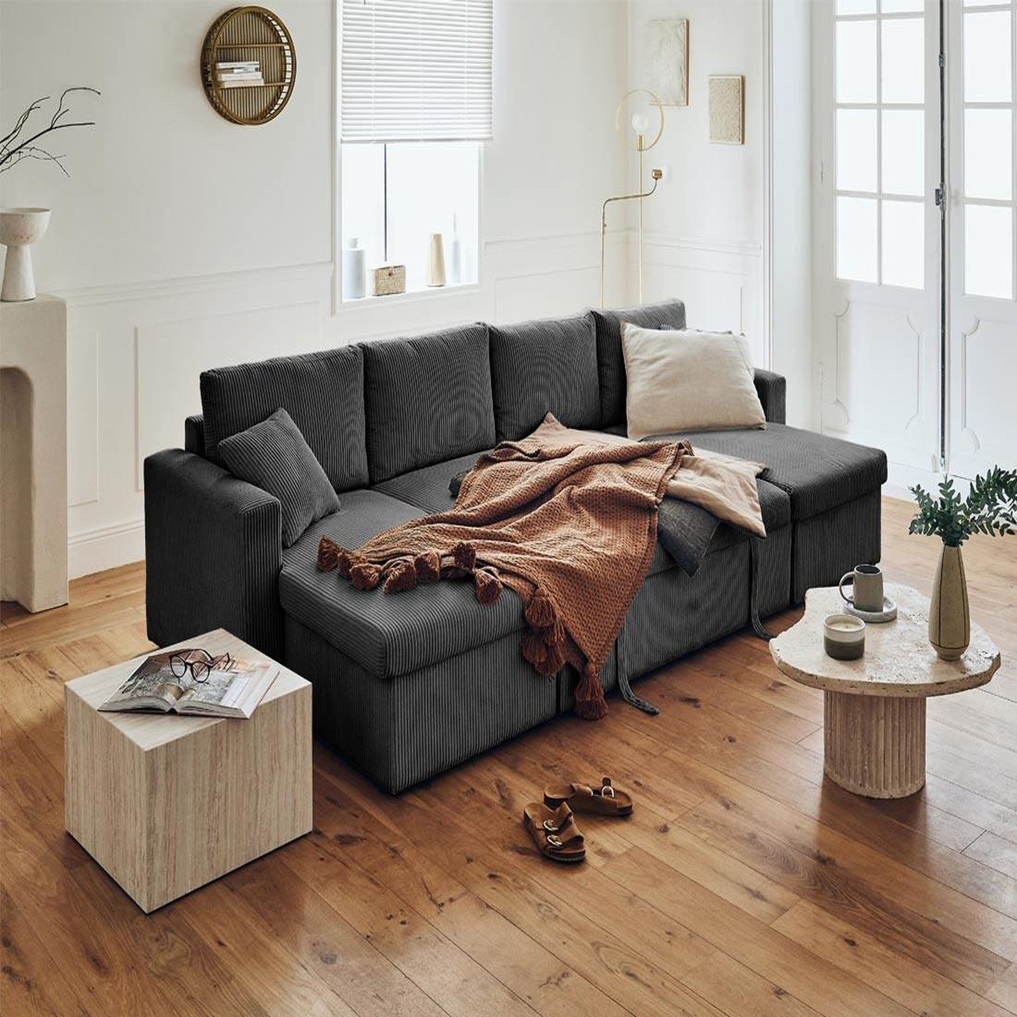 Voir la diapositive 3 : BEST MOBILIER Cyrus - canapé panoramique en u - 7 places - convertible avec coffre - en velours côtelé