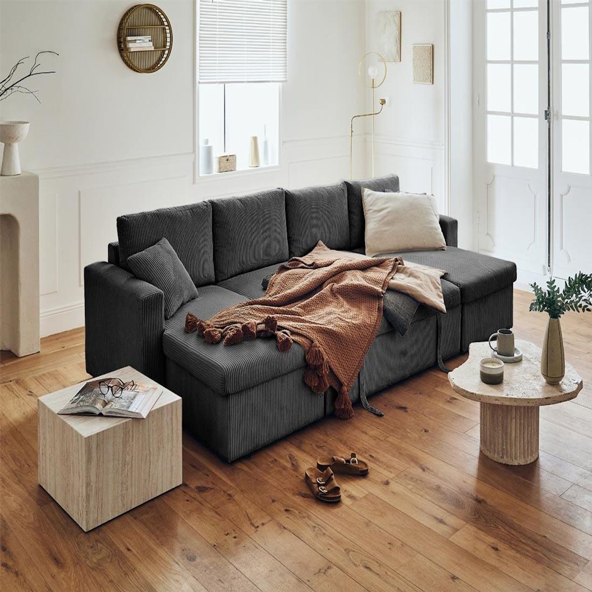 BEST MOBILIER Cyrus - canapé panoramique en u - 7 places - convertible avec coffre - en velours côtelé