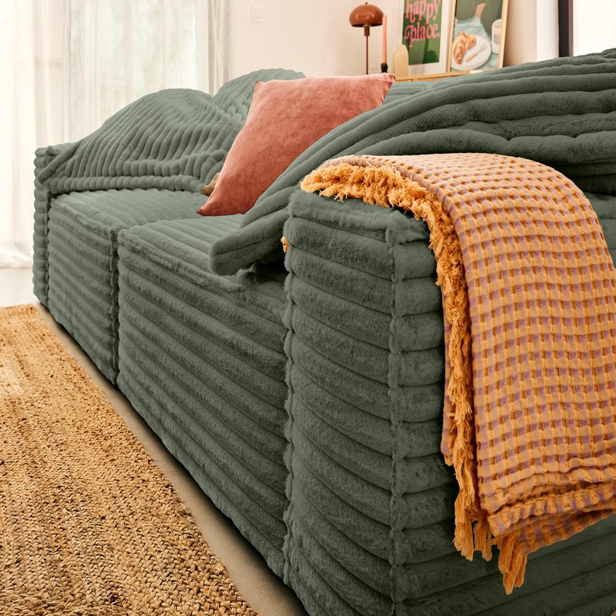 Voir la diapositive 3 : LISA DESIGN Richie - canapé droit 3 places avec double méridienne - assise profonde - en fausse fourrure côtelée