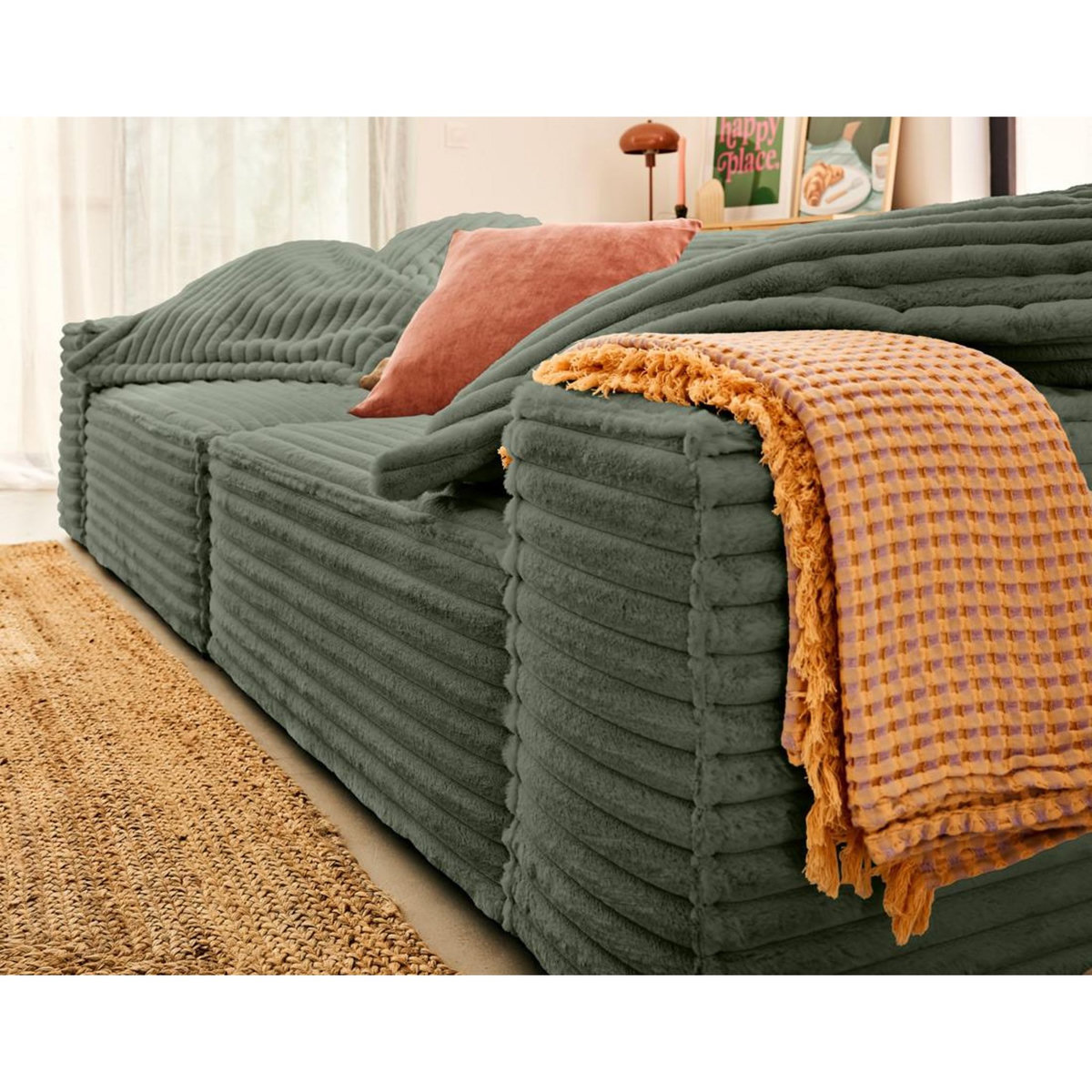 LISA DESIGN Richie - canapé droit 3 places avec double méridienne - assise profonde - en fausse fourrure côtelée