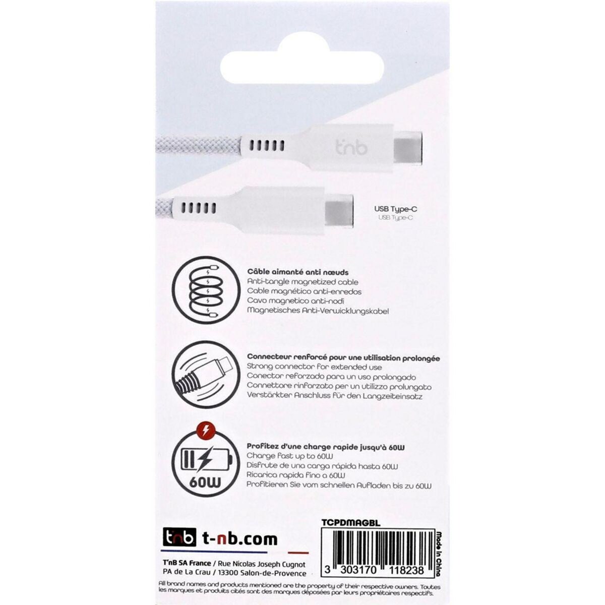 TNB Câble de charge USB-C/USB-C 1.5m gaine aimantée bleu