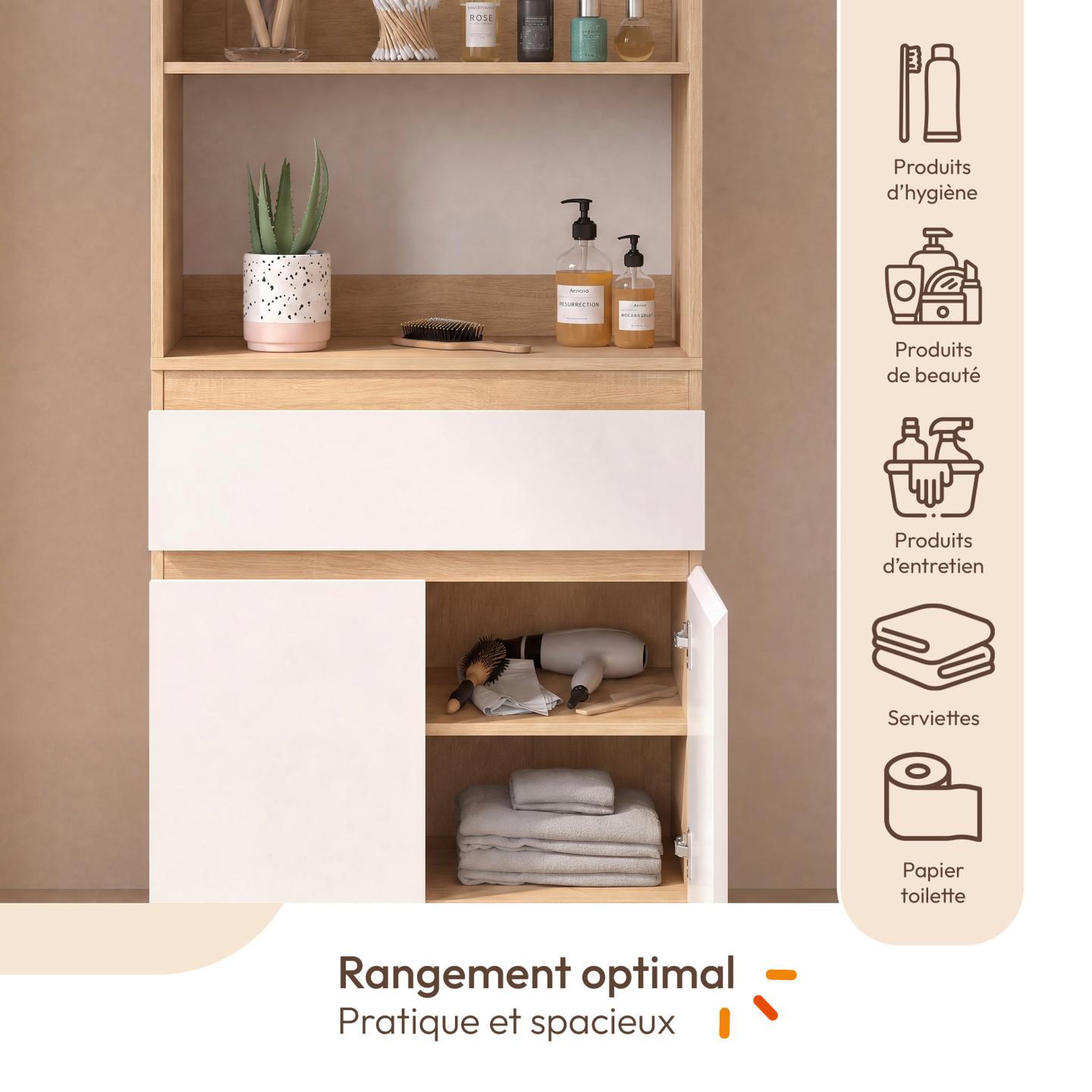 Voir la diapositive 4 : ID MARKET Meuble armoire salle de bain TOMI 2 portes et 1 tiroir avec étagères façon hêtre et blanc