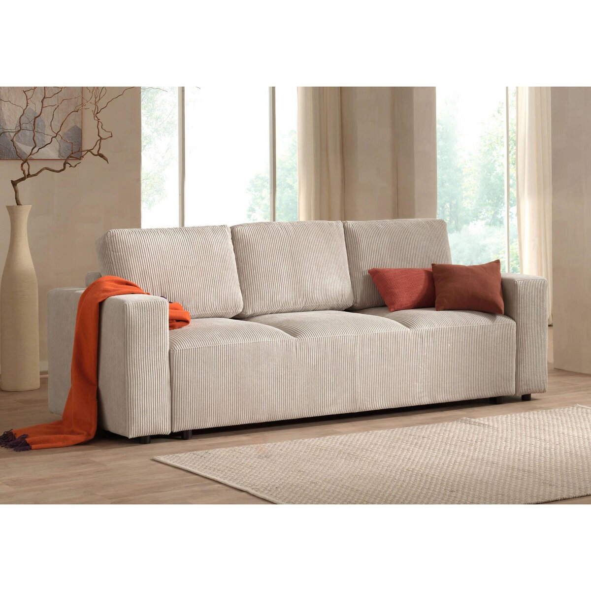 LISA DESIGN Livy - canapé droit convertible - avec coffre - en velours côtelé - 3 places