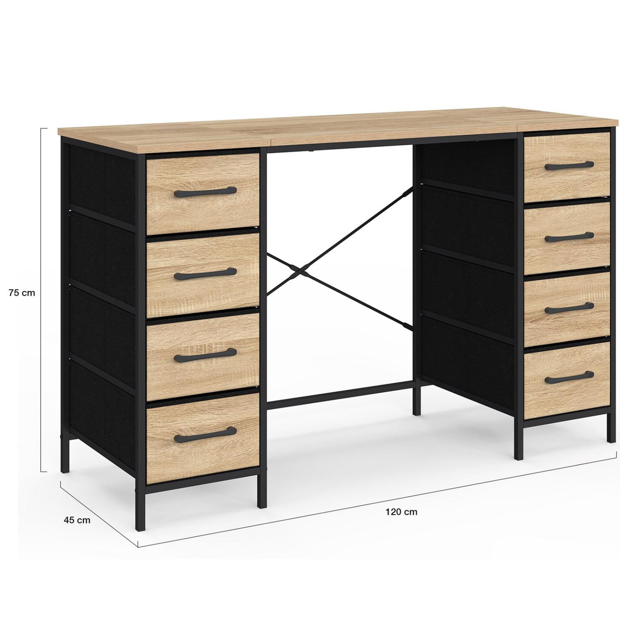 Voir la diapositive 4 : ID MARKET Bureau 8 tiroirs en tissu 120x45 cm utah bois et noir design industriel