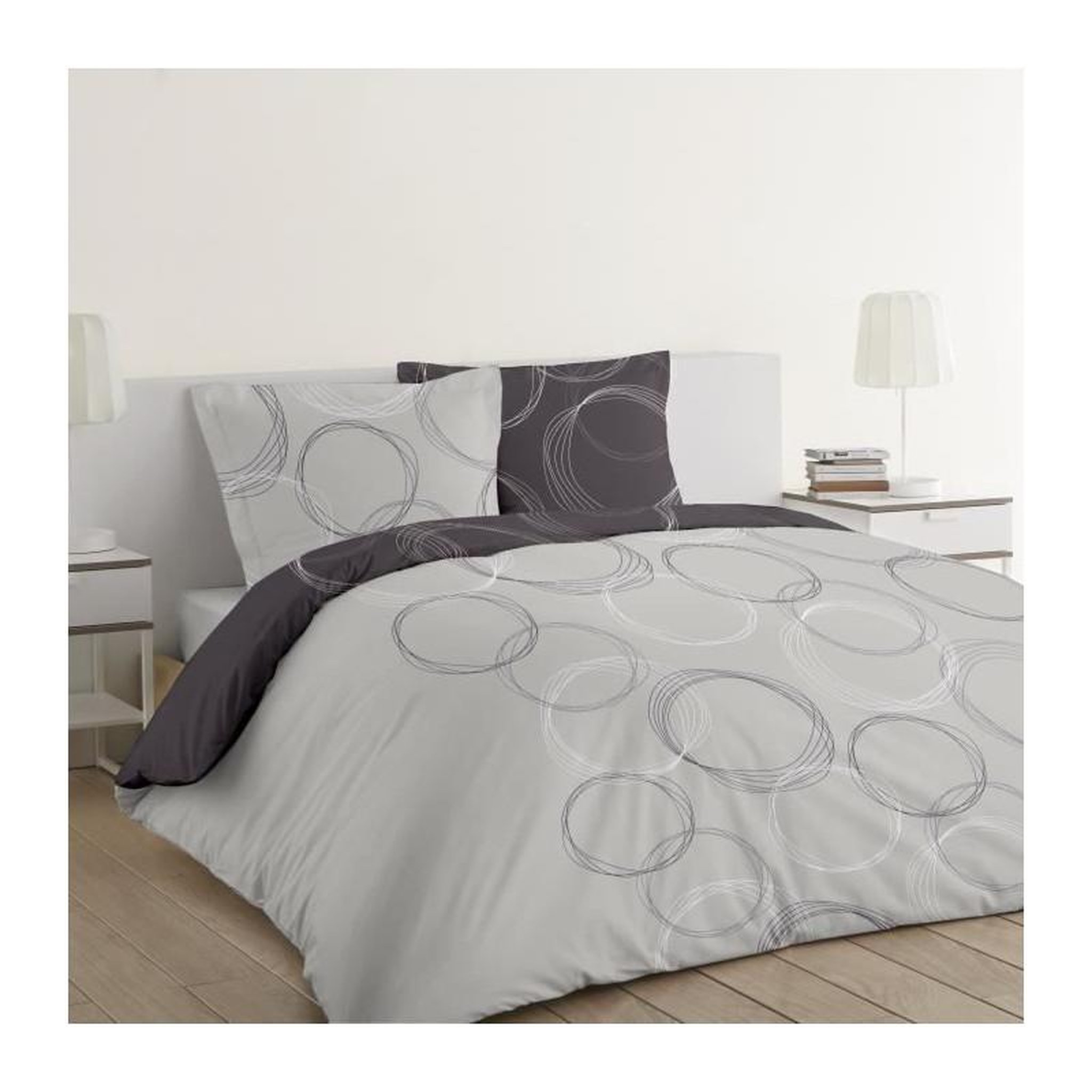 Voir la diapositive 2 : VISION VISION Parure de couette Lenny - 100% coton - 1 housse de couette 260 x 240 cm + 2 taies 65 x 65 cm - Gris anthracite