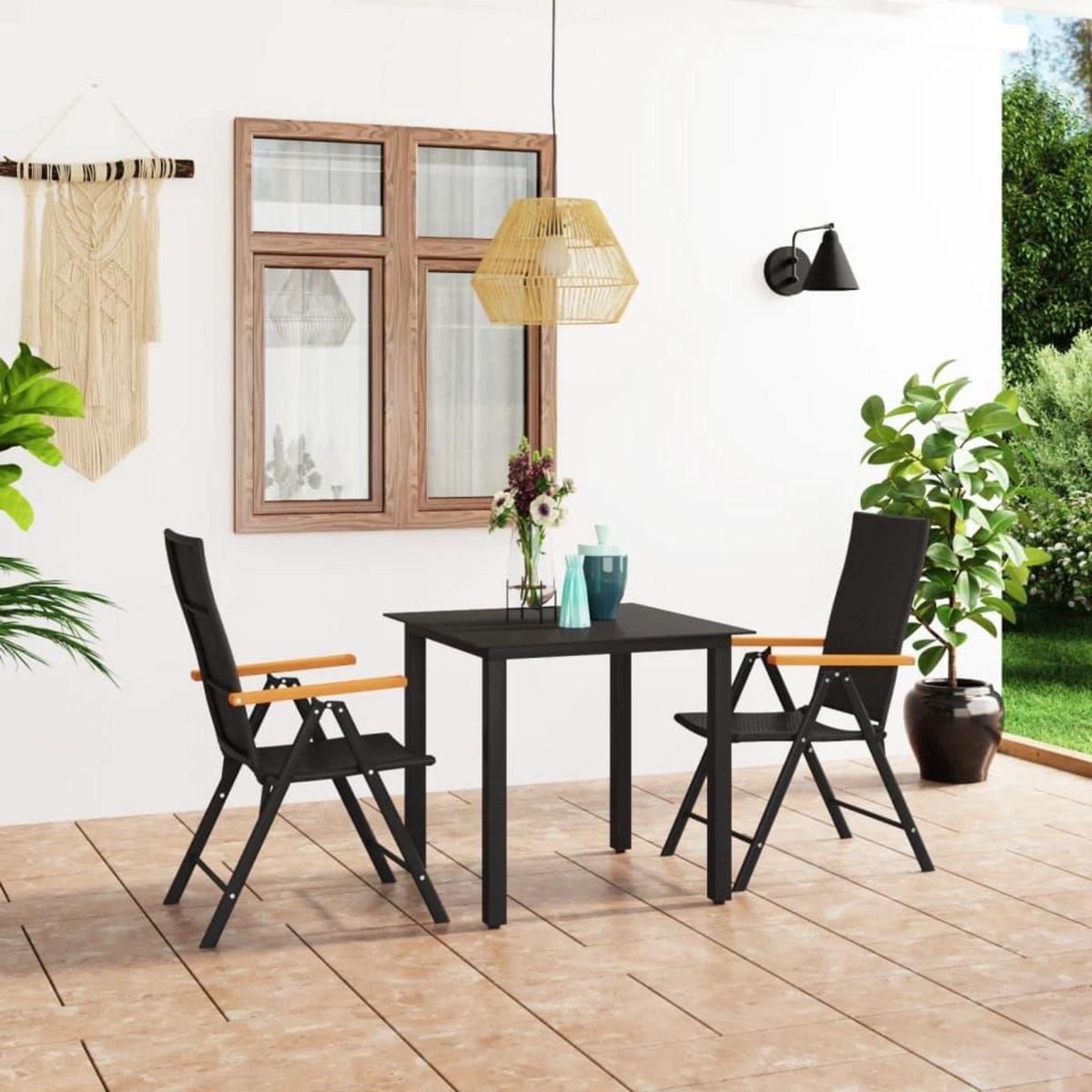 VIDAXL Ensemble a manger de jardin 3 pcs noir et marron