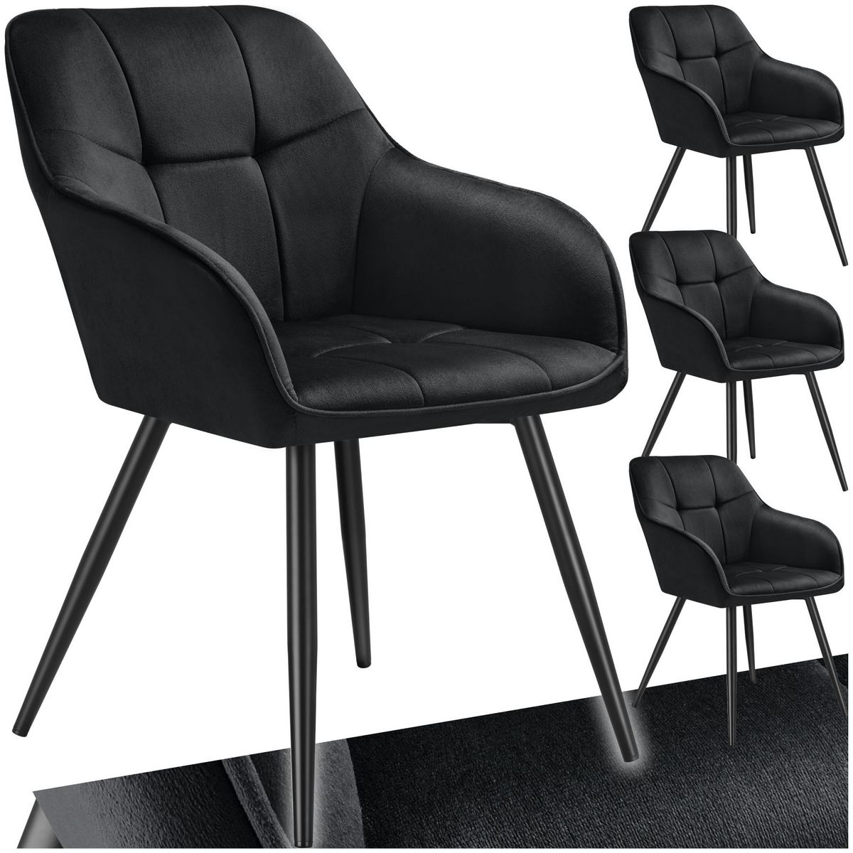 tectake Chaise de salle à manger rembourrée et en velours matelassé noir/noir Lot de 4