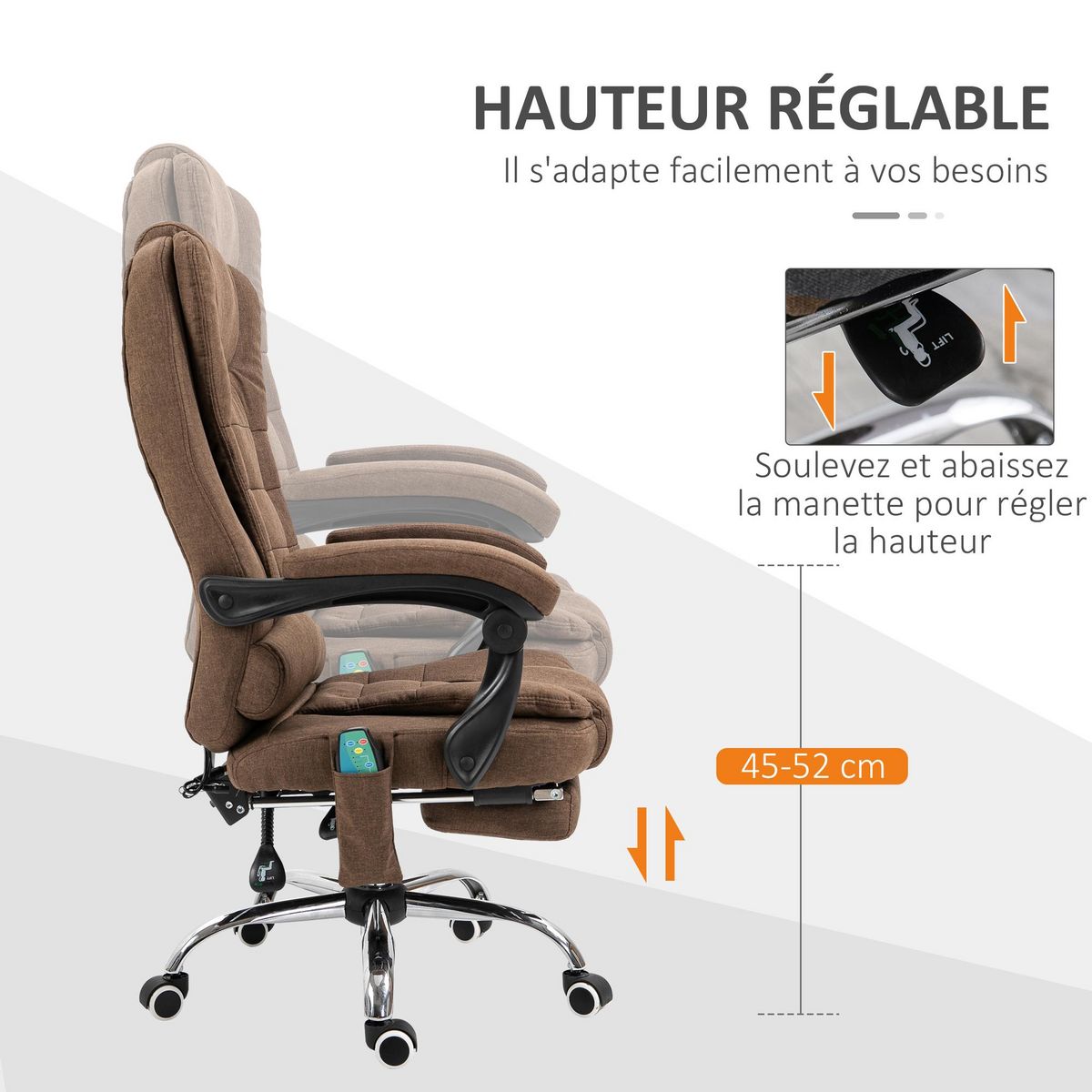 VINSETTO Fauteuil de bureau direction massant chauffant hauteur réglable dossier inclinable tissu marron