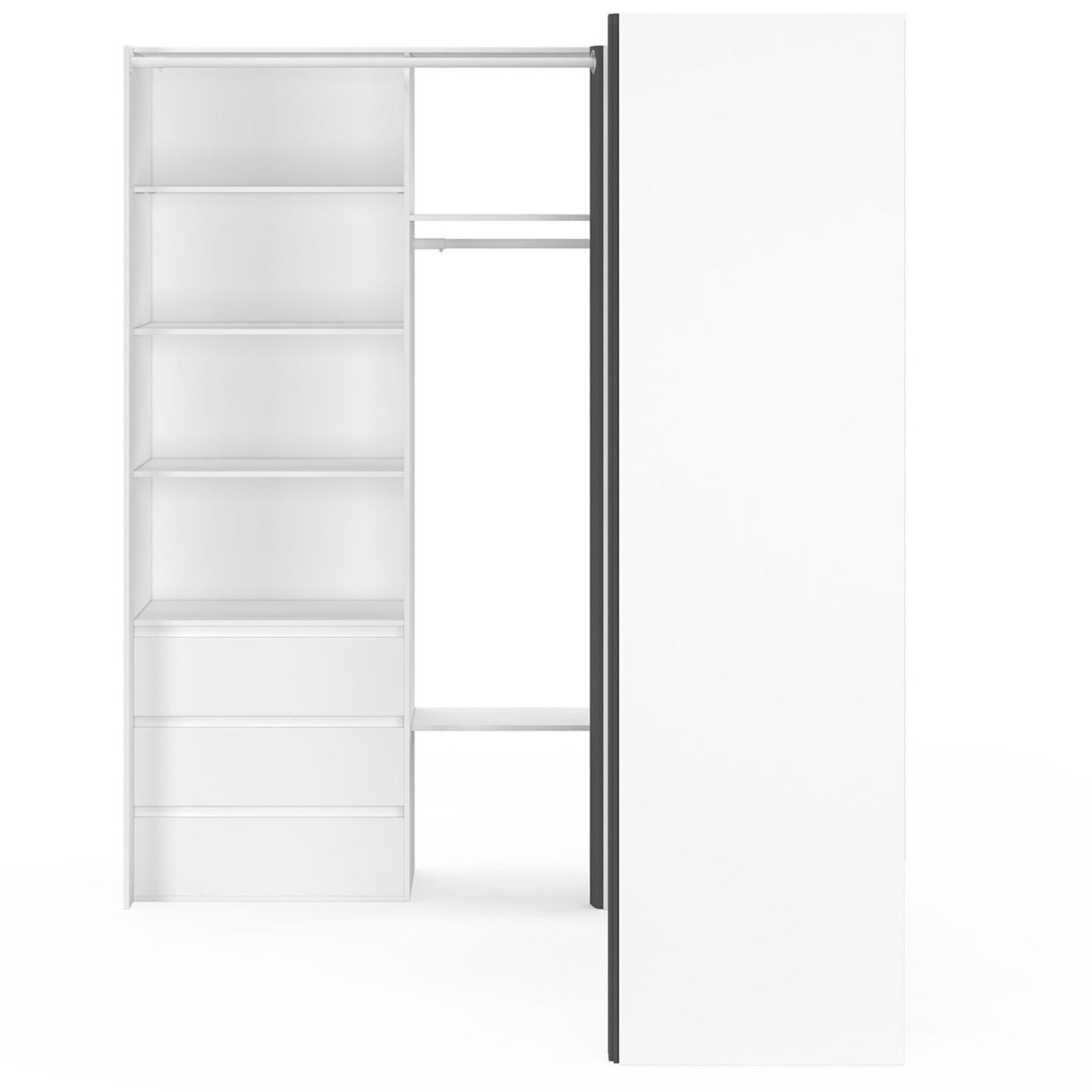 Voir la diapositive 3 : ID MARKET Dressing extensible d'angle marlon 200 x 150 x 180 cm cm blanc avec penderies + tiroirs + étagères + rideaux gris