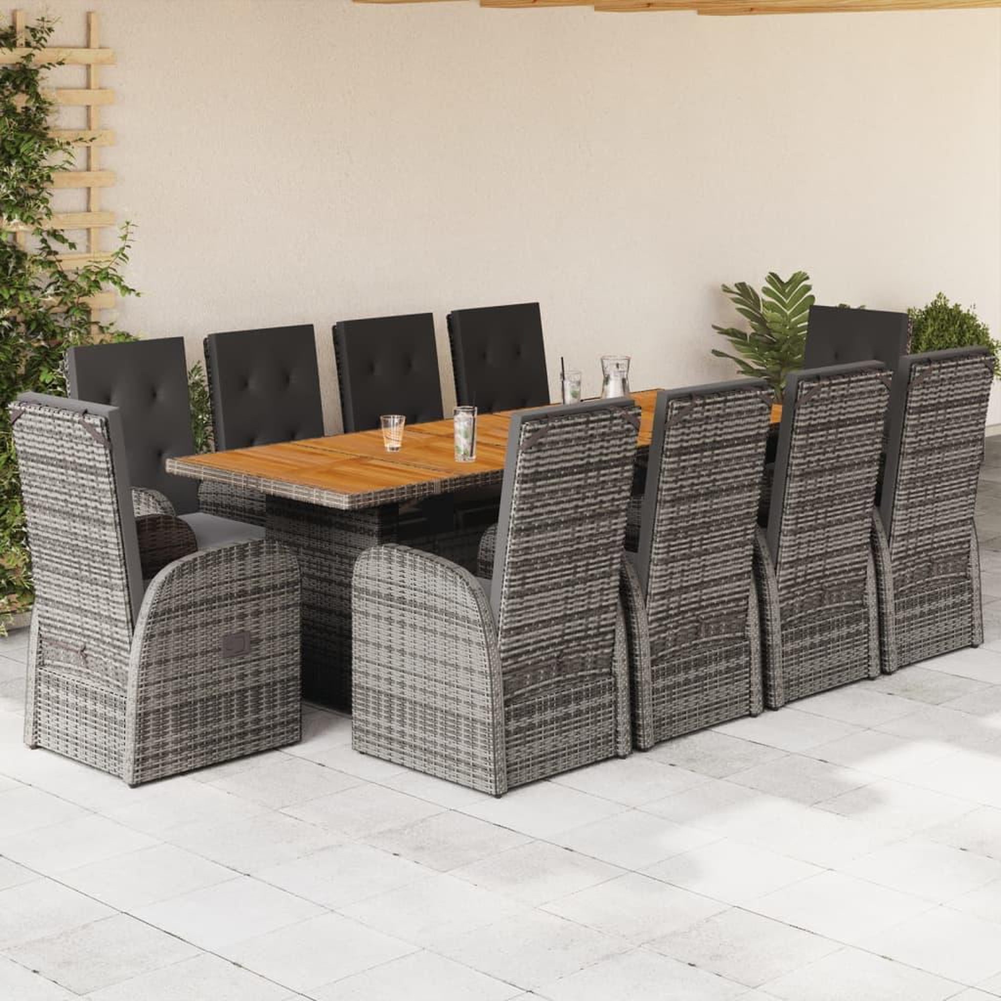 VIDAXL Ensemble a manger de jardin 11pcs avec coussins gris poly rotin