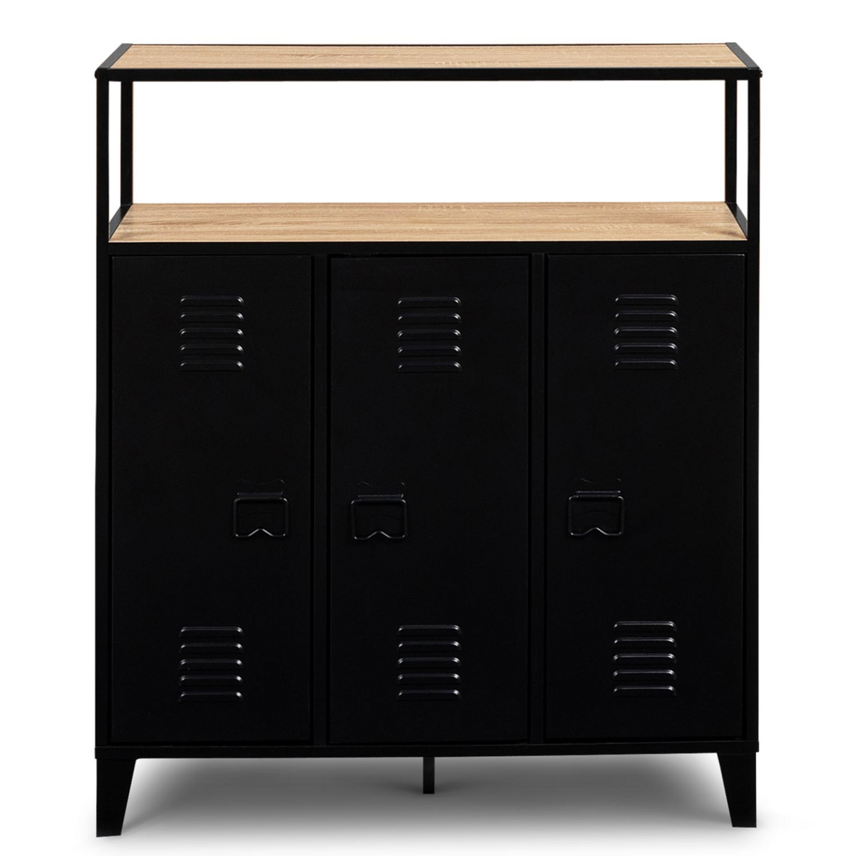 ID MARKET Meuble de bar buffet ESTER 3 portes en métal noir plateau façon hêtre