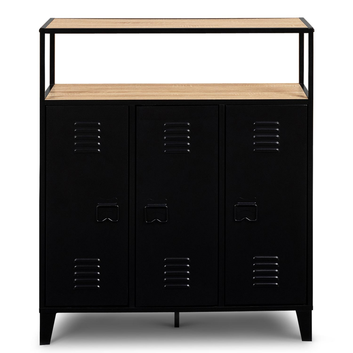 ID MARKET Meuble de bar buffet ESTER 3 portes en métal noir plateau façon hêtre