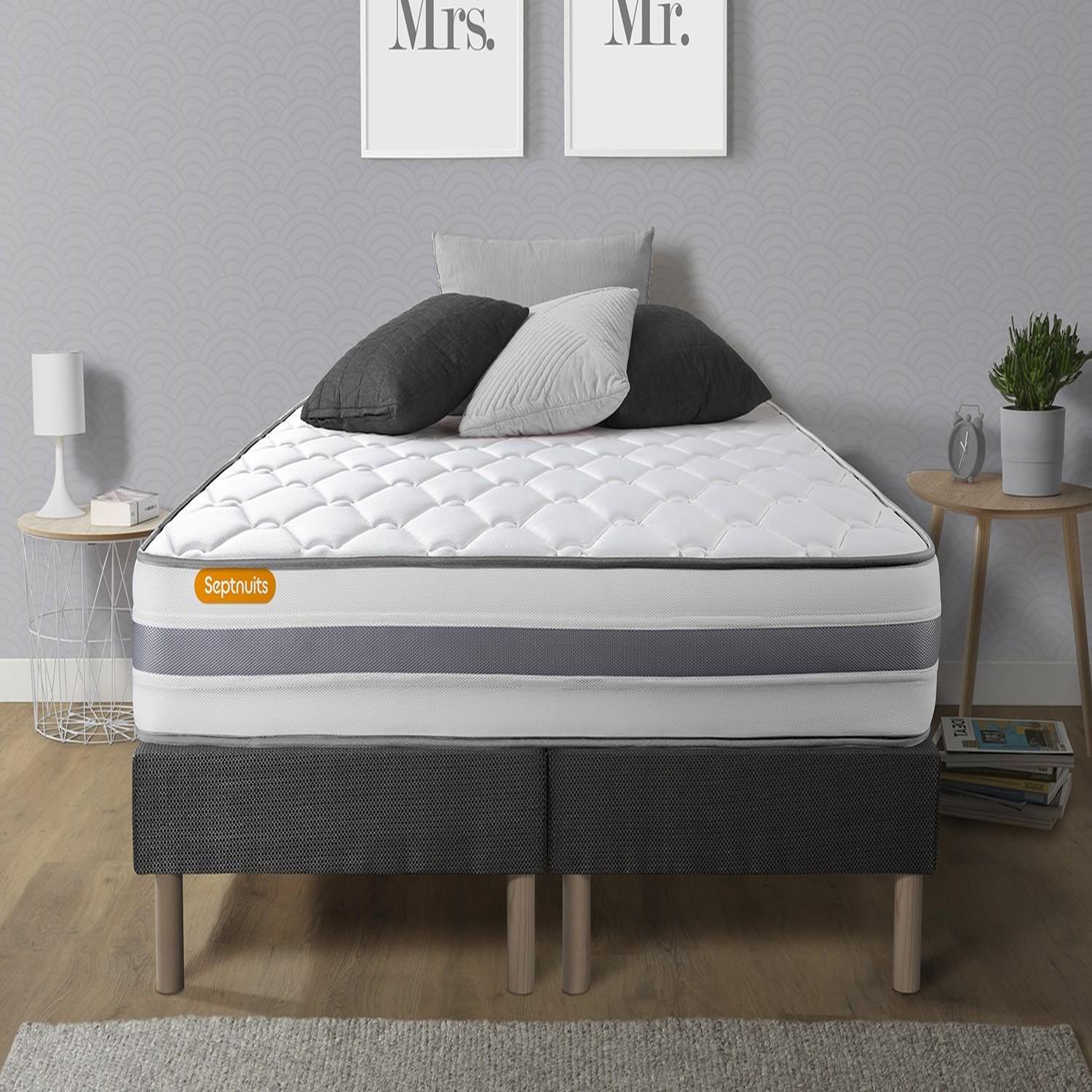 SEPTNUITS Matelas + double sommiers gris Memo Spring Ressorts ensachés 3 zones de confort MAXI épaisseur. Coloris disponibles : Gris