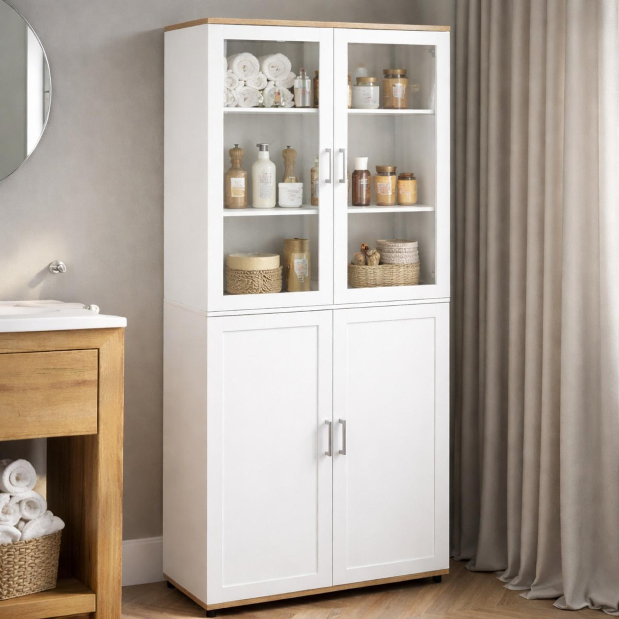 Voir la diapositive 2 : ID MARKET Meuble armoire colonne salle de bain vito 4 portes dont 2 vitrées blanc et bois
