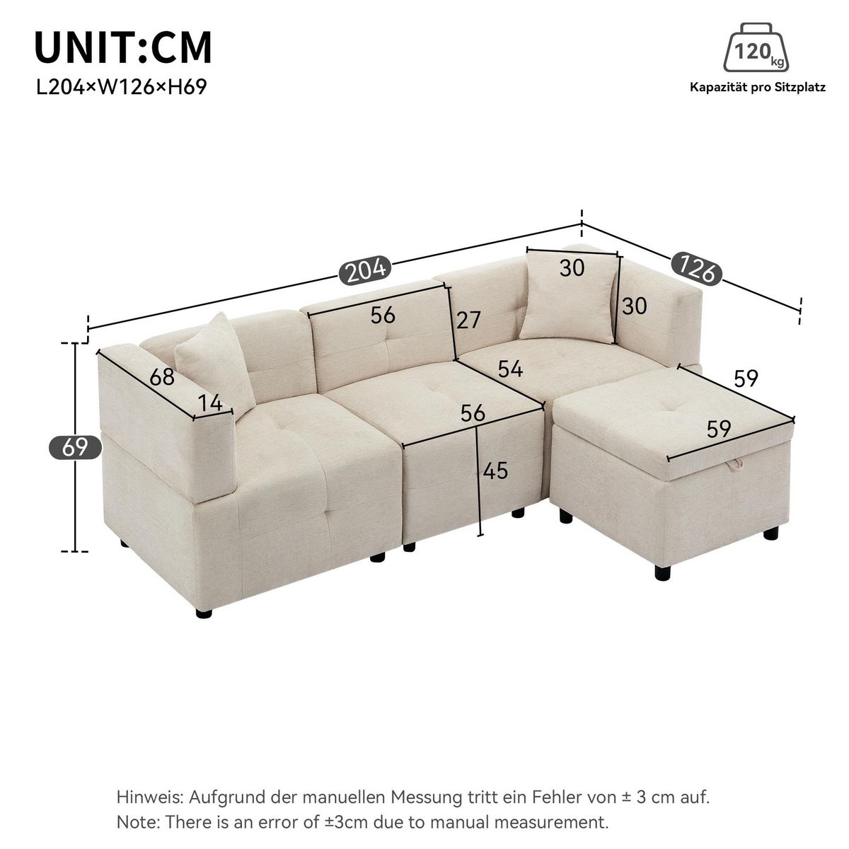 MERAX Canapé d'angle réversible fixe 3 pl tissu beige coffre de rangement