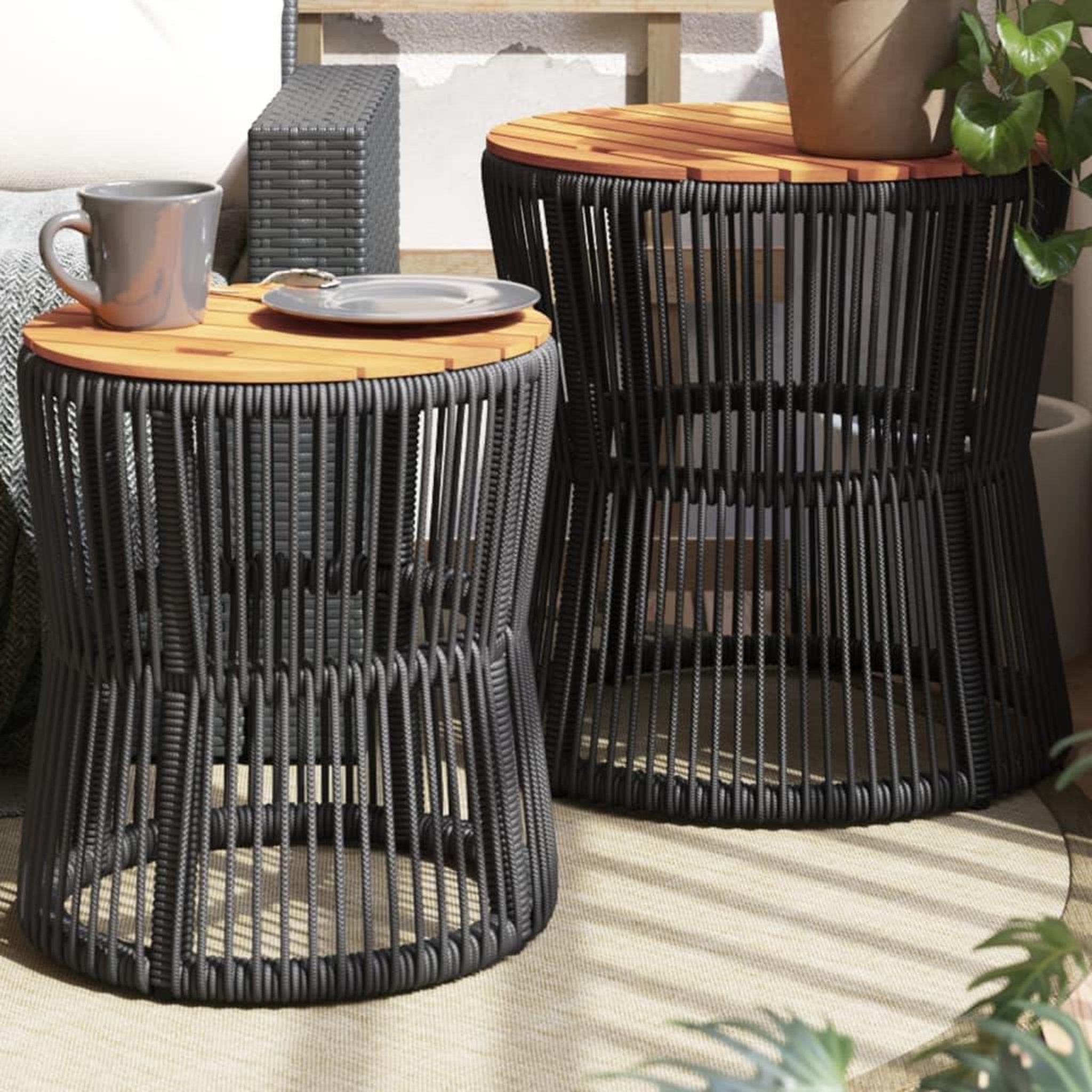 VIDAXL Tables d'appoint de jardin 2 pcs dessus en bois noir poly rotin