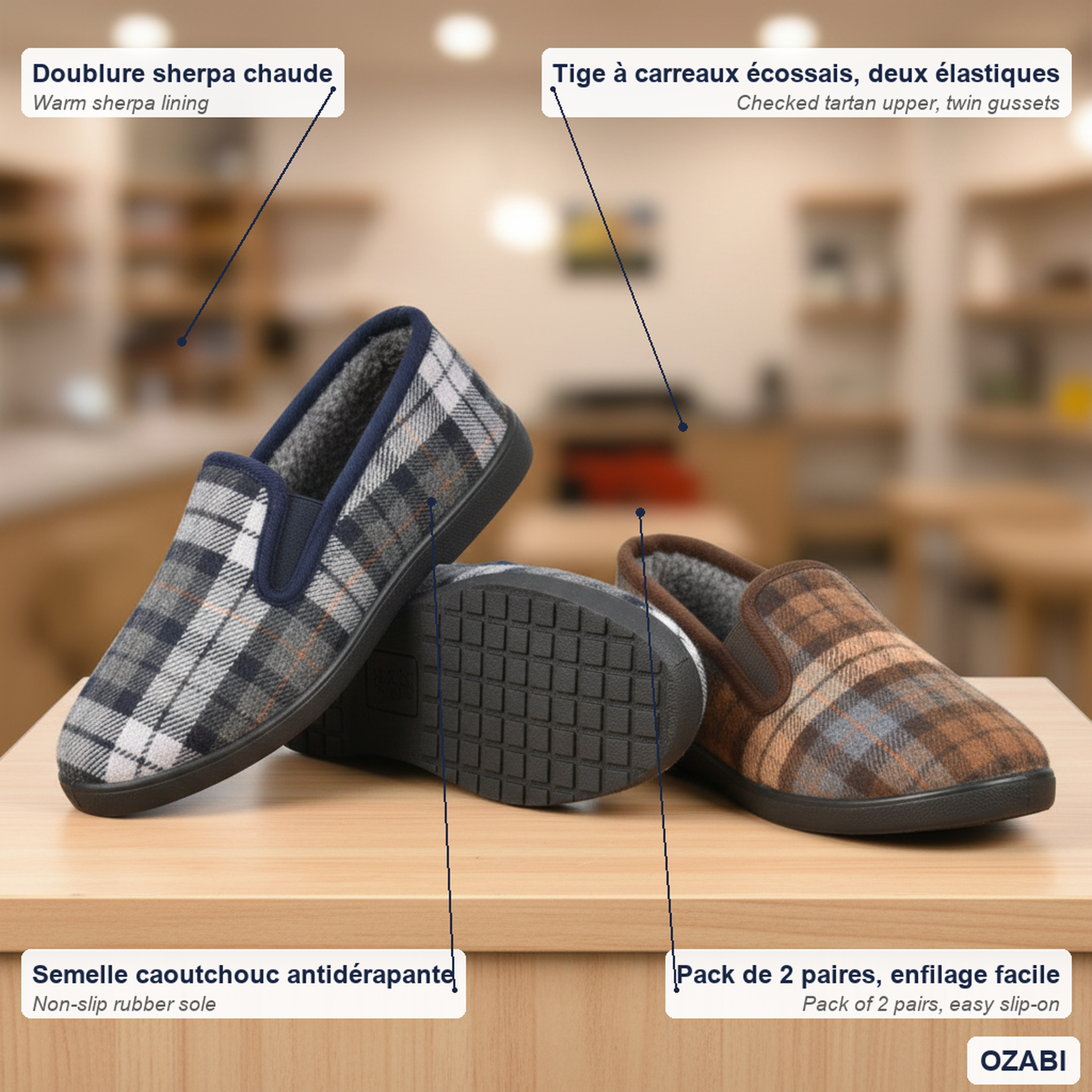 Voir la diapositive 5 : OZABI Ozabi pantoufles charentaises homme pack de 2 paires semelle antidérapante