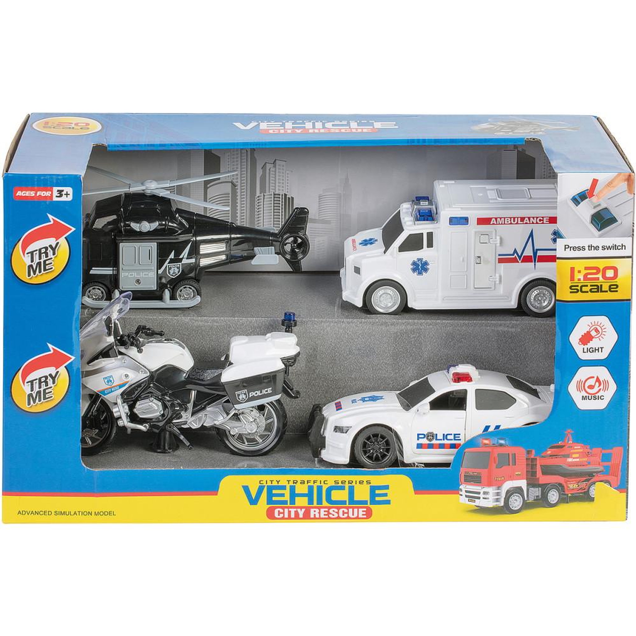 Set de 4 véhicules de police, secours et urgence city rescue en échelle 1:20
