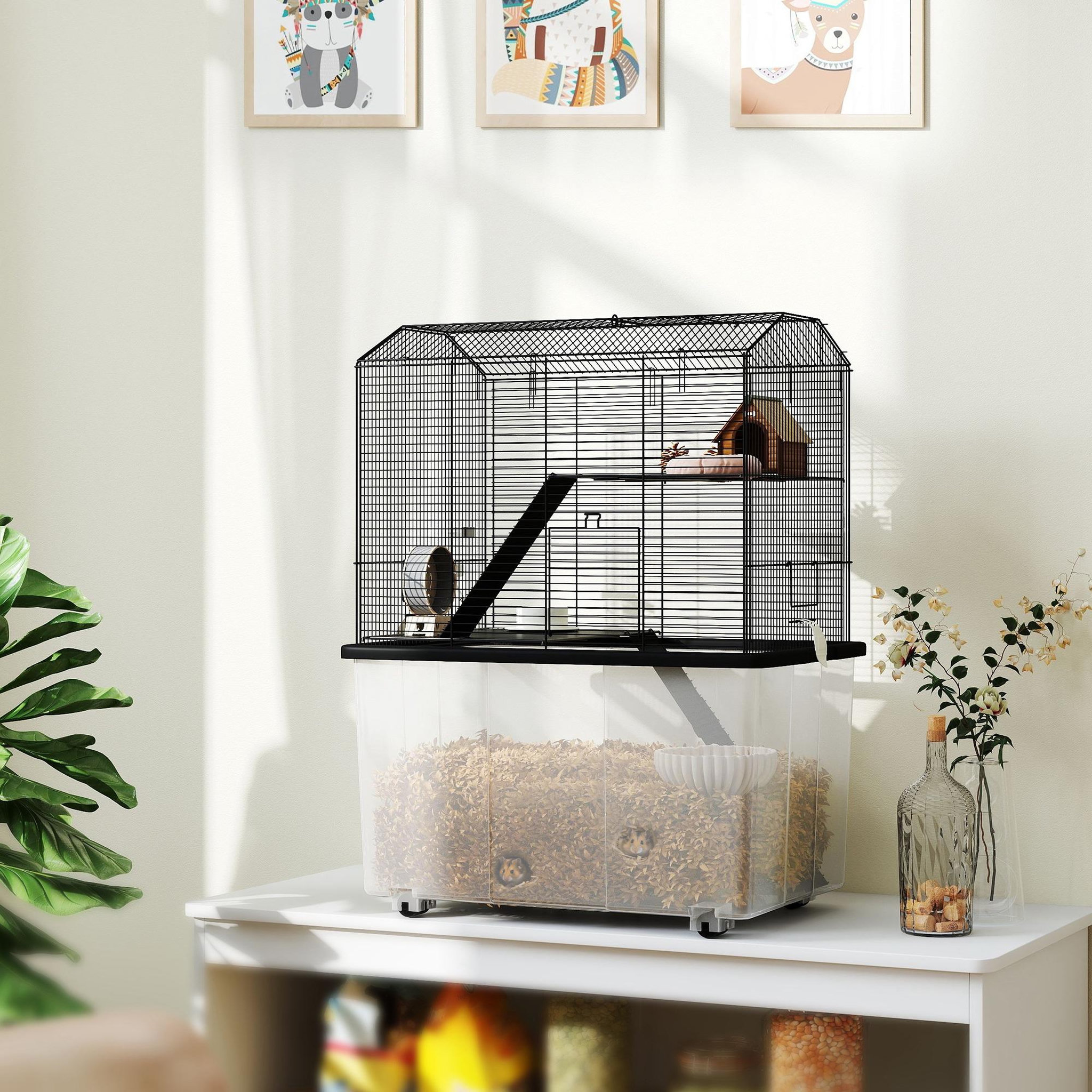 Voir la diapositive 2 : PAWHUT Cage rongeur hamster 3 étages - roulettes, plateforme, échelle, accessoires - PP transparent acier noir