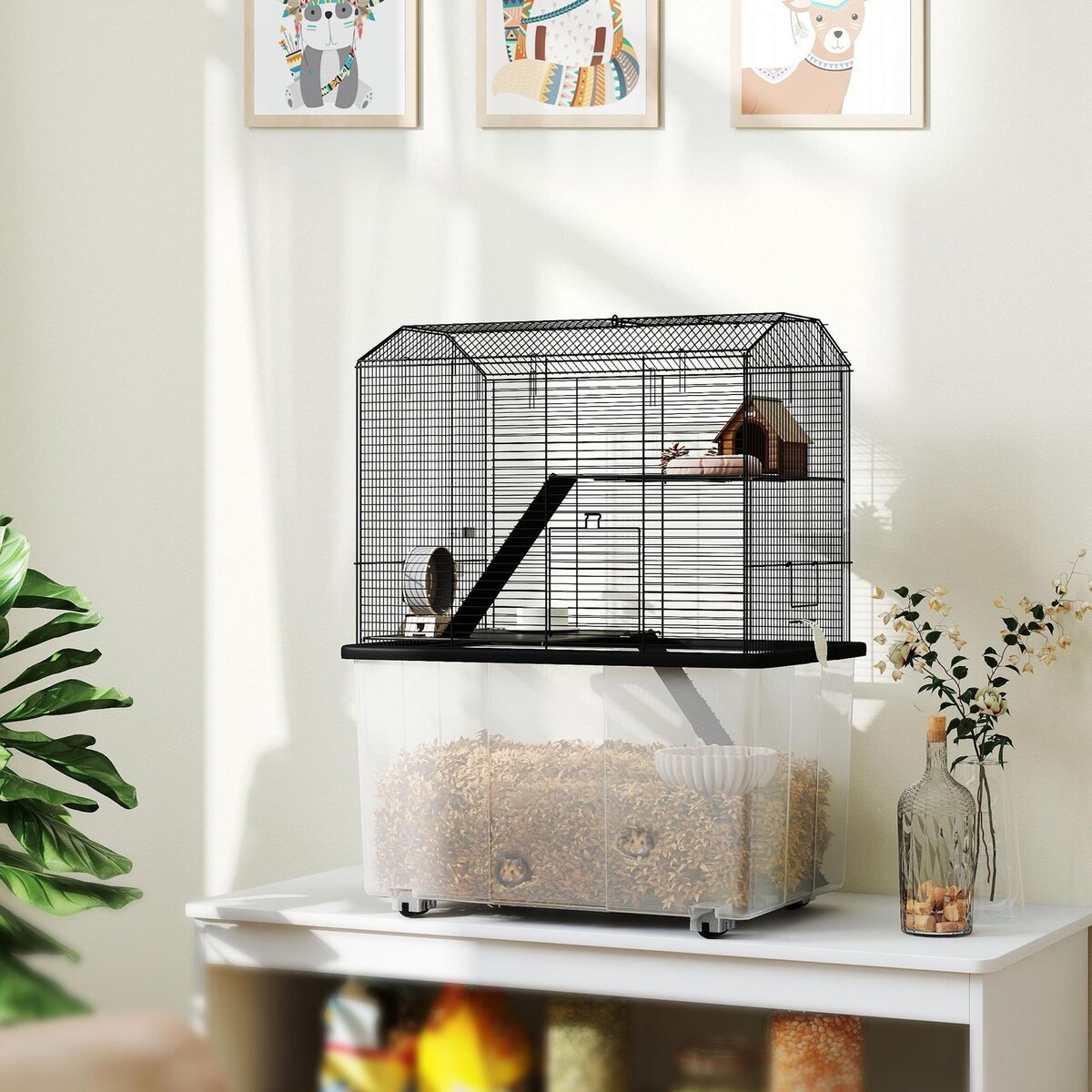 PAWHUT Cage rongeur hamster 3 étages - roulettes, plateforme, échelle, accessoires - PP transparent acier noir