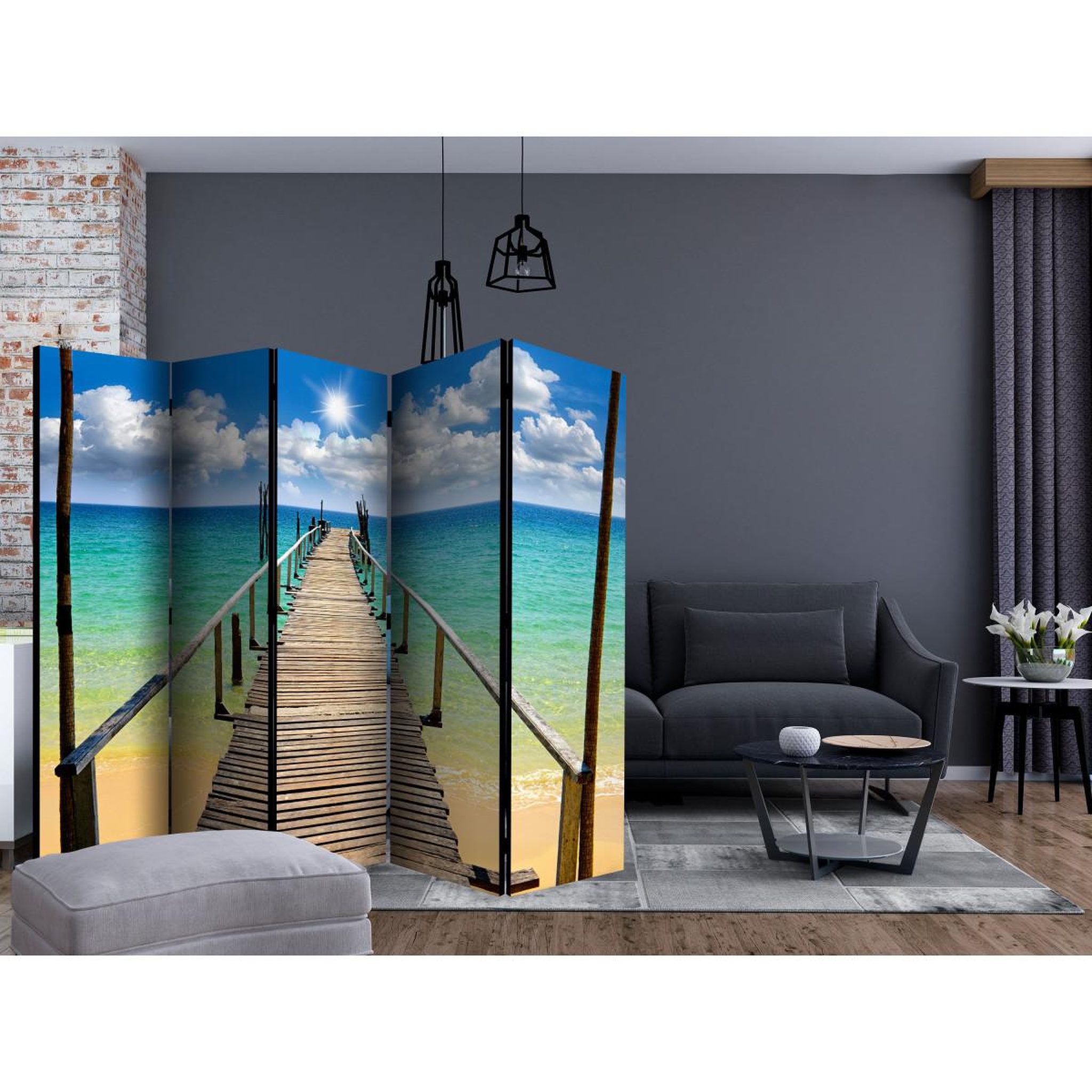 Voir la diapositive 2 : Paris Prix Paravent 5 volets  beach, sun, bridge  172x225cm
