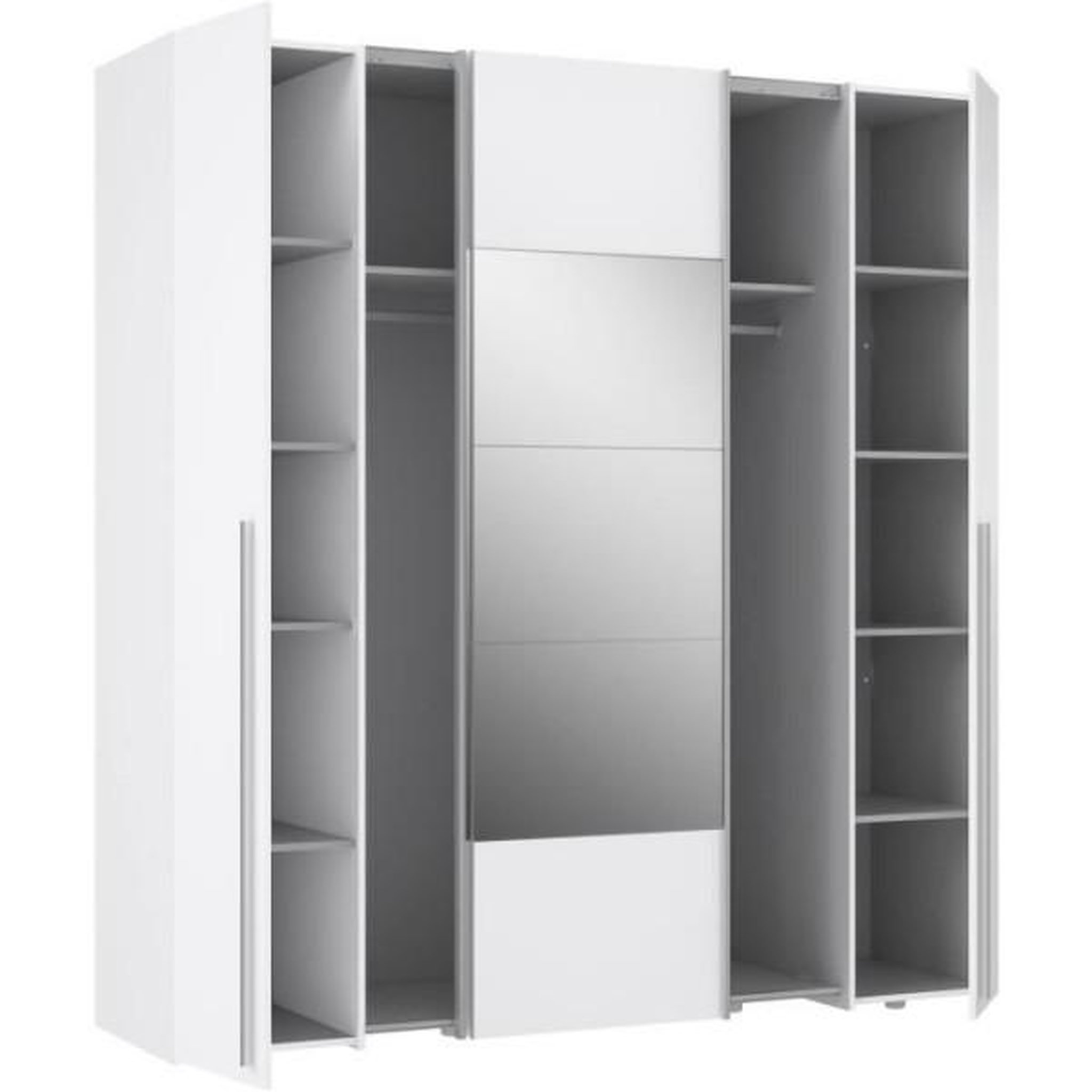 Voir la diapositive 4 : MARKET24 Armoire NARAGO - Décor Blanc mat - 2 portes coulissantes + miroir + 2 portes battantes + 2 penderies - L200 x P61 x H210 cm