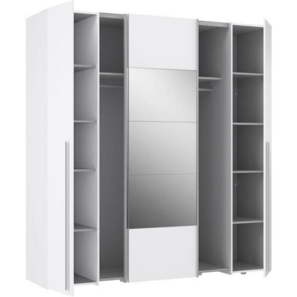 MARKET24 Armoire NARAGO - Décor Blanc mat - 2 portes coulissantes + miroir + 2 portes battantes + 2 penderies - L200 x P61 x H210 cm