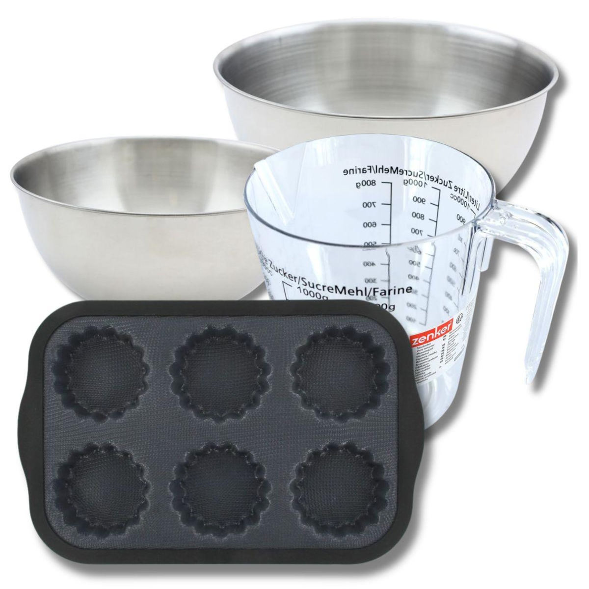 ZENKER Set pâtisserie avec moule 6 tartelettes 28 x 18 cm en silicone, 2 bols à mixer, verre mesureur et spatule Zenker