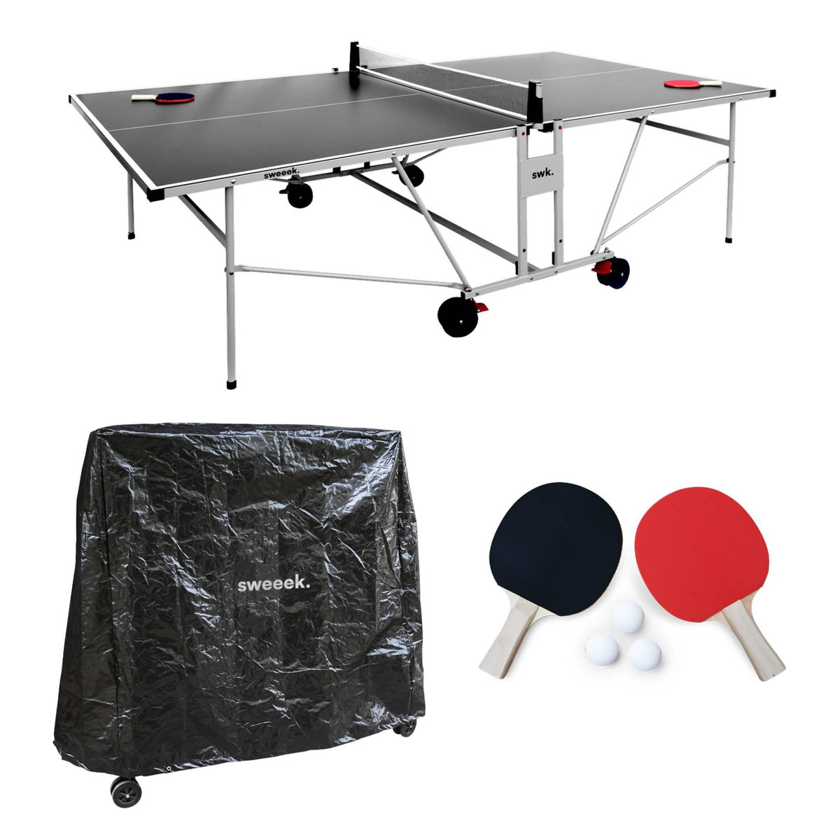 SWEEEK Table de ping pong OUTDOOR, avec 2 raquettes et 3 balles, pour utilisation extérieure + Housse en PVC
