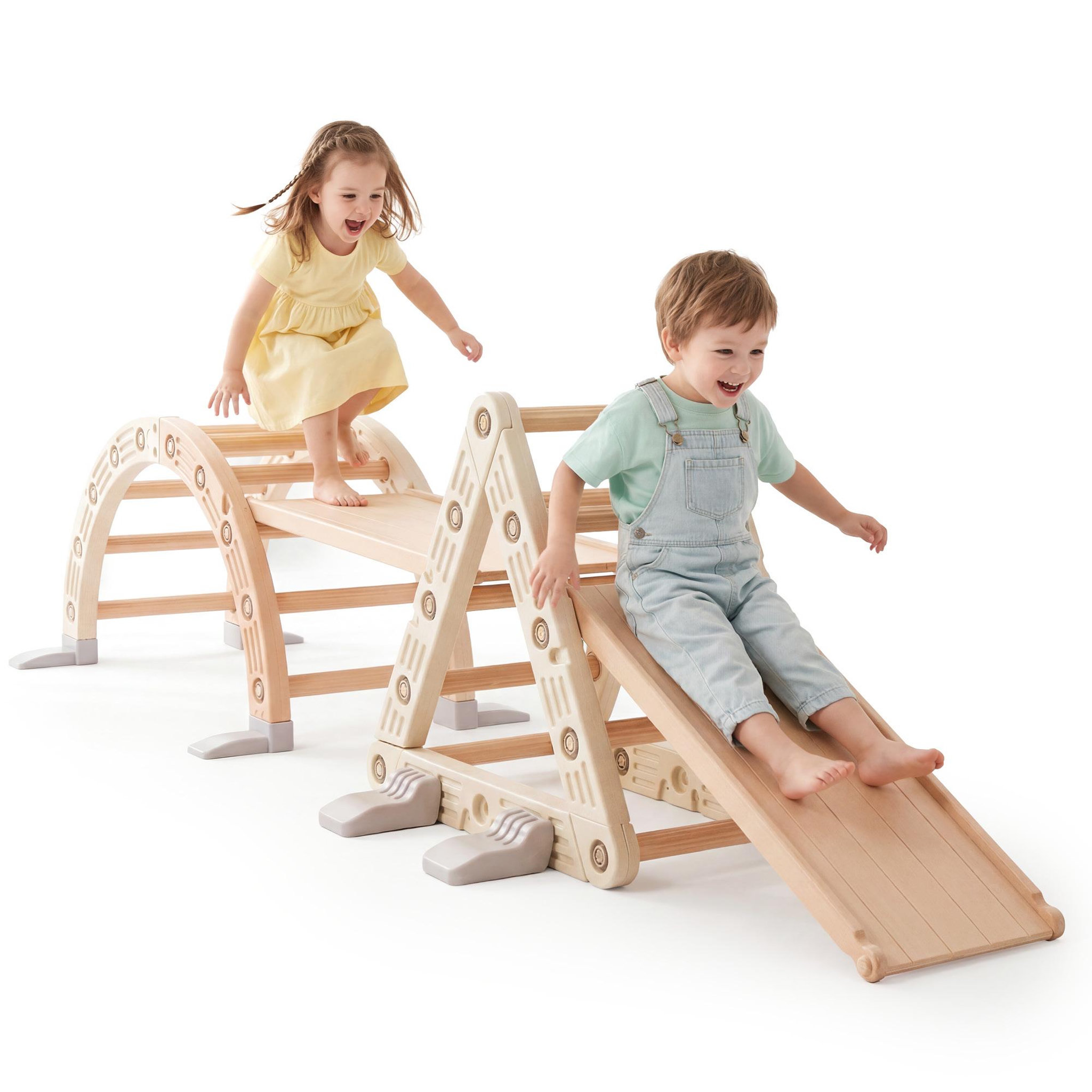 HYPERMOTION Aire de Jeux Évolutive 3 en 1 en PEHD Toboggan Escalade et Bascule Dim 110x44cm Beige-Gris