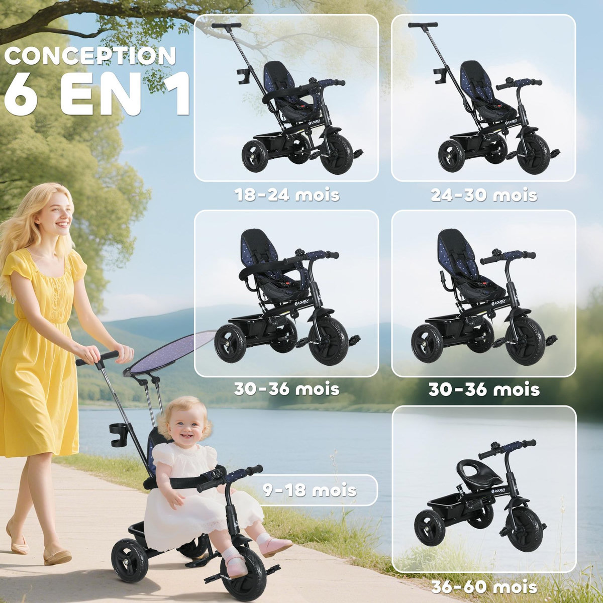 HOMCOM Tricycle enfant pare-soleil pliable canne amovible benne rangement acier bleu à pois noir