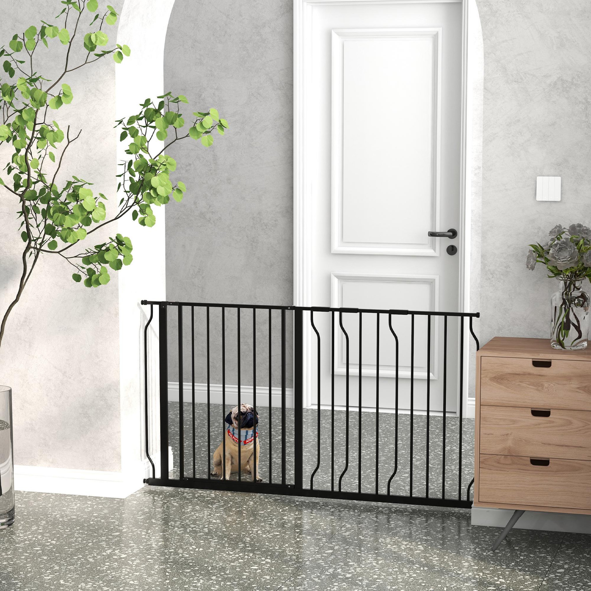 Voir la diapositive 4 : PAWHUT Barrière de sécurité animaux - longueur réglable dim. 75-145 cm - porte double verrouillage, ouverture double sens -sans perçage - acier abs noir
