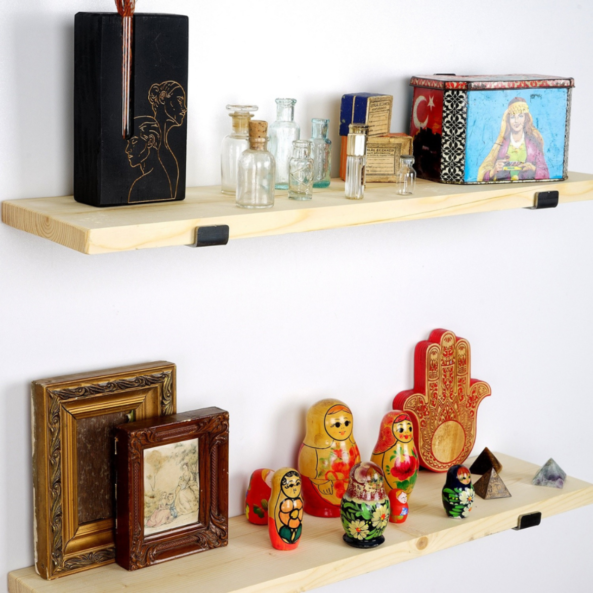 CONCEPT USINE Étagère murale en bois d'épicéa et métal - 2 rangements - bois et noir BUSSA