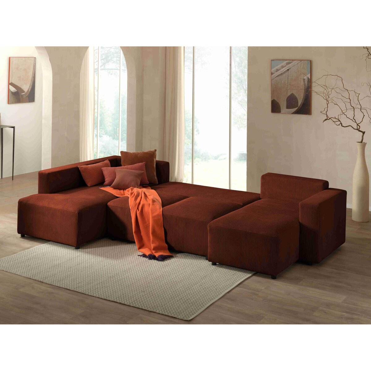 LISA DESIGN Livy - canapé panoramique convertible - avec coffre - en velours côtelé - 7 places - gauche