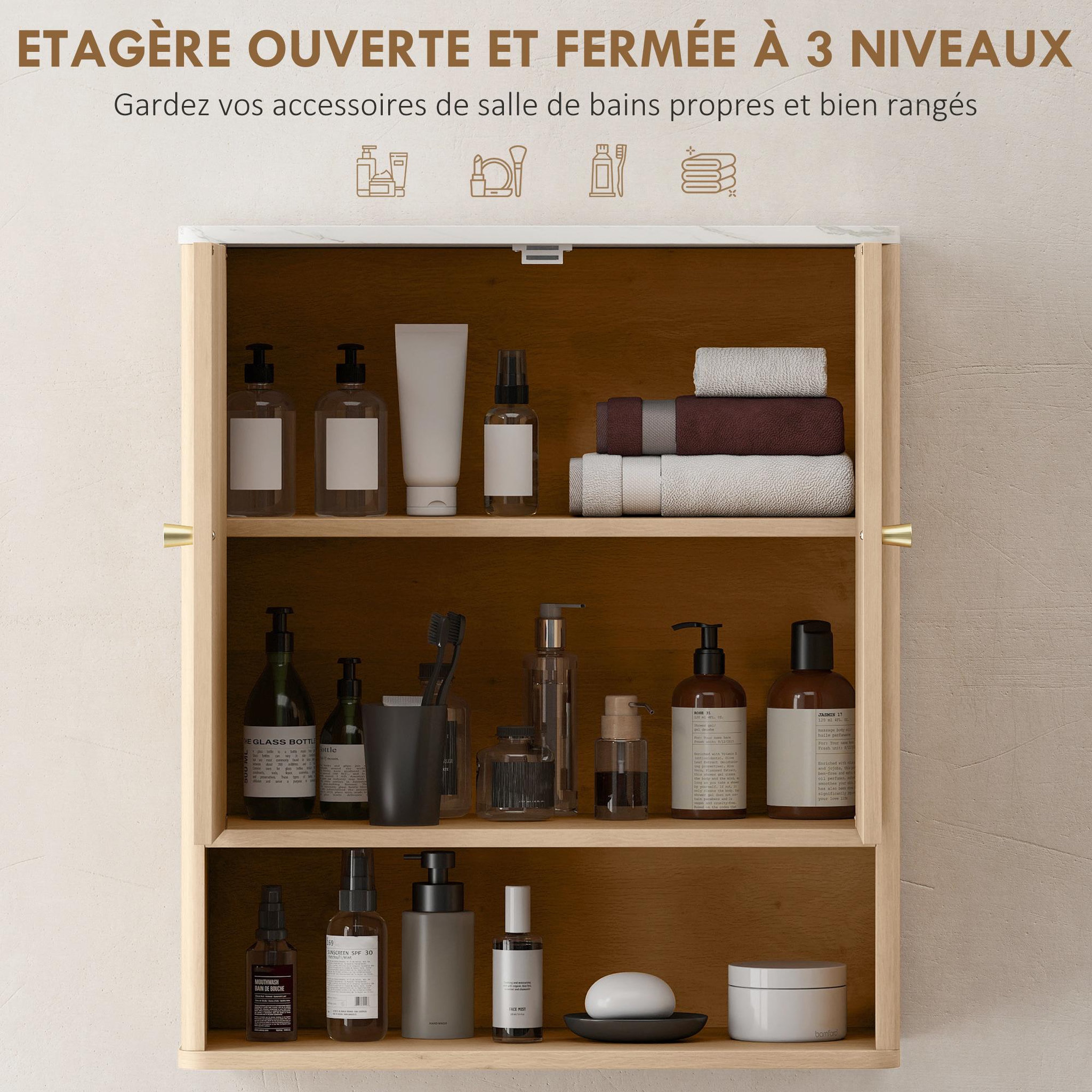 Voir la diapositive 5 : HOMCOM Armoire murale de salle de bain 2 portes étagère niche style bois naturel dim. 60 x 18 x 70 cm poignées métal doré