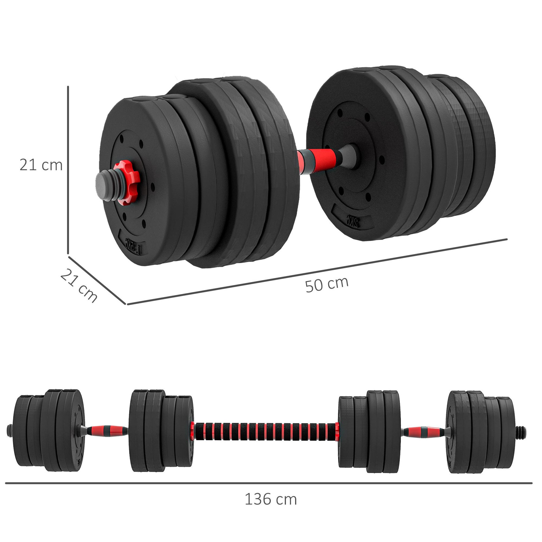 Voir la diapositive 3 : HOMCOM Ensemble d'haltères courtes total 30 kg - barres incluses - entraînement musculaire & haltérophilie - acier hdpe noir rouge