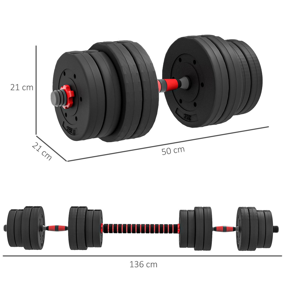 HOMCOM Ensemble d'haltères courtes total 30 Kg - barres incluses - entraînement musculaire & haltérophilie - acier HDPE noir rouge