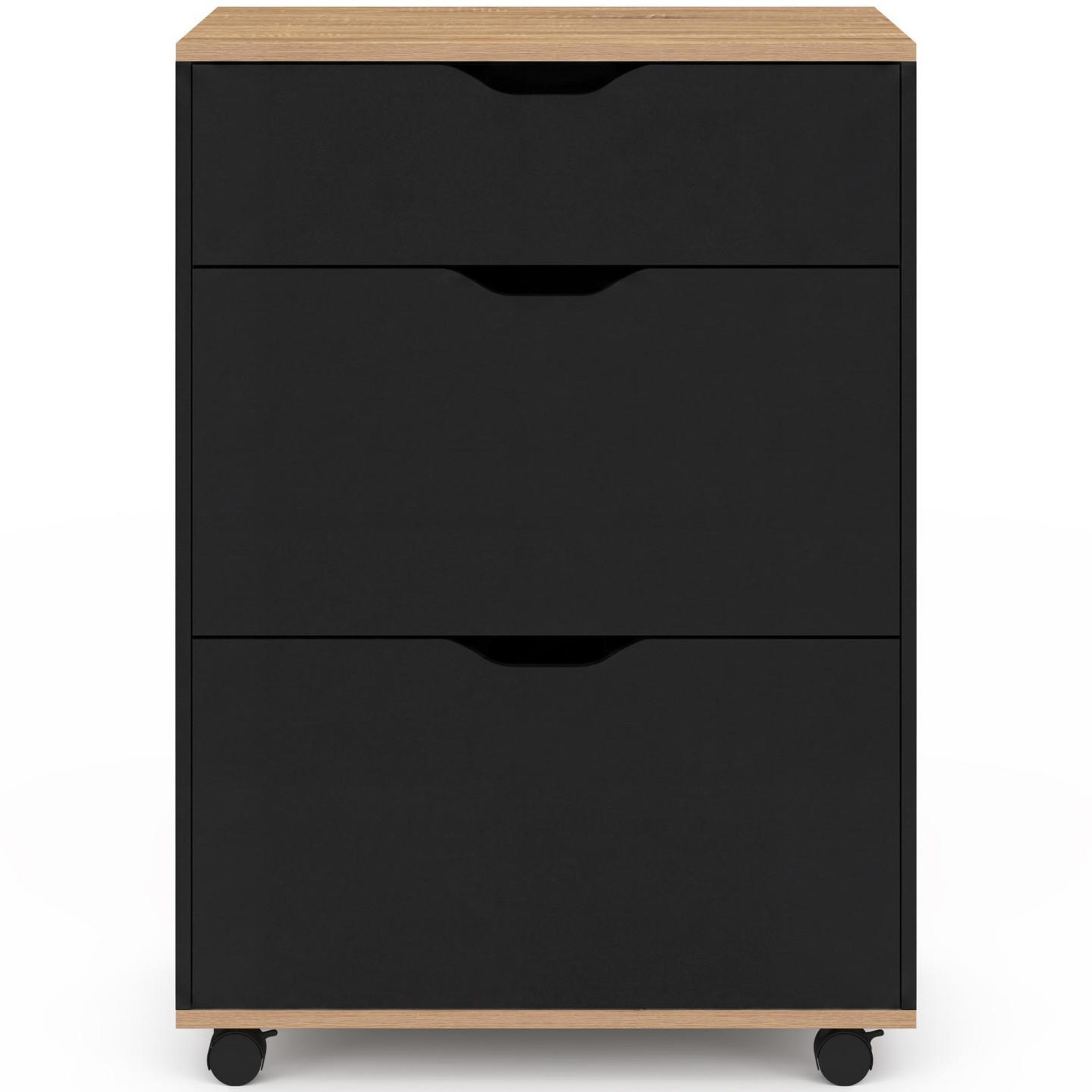 Voir la diapositive 3 : ID MARKET Desserte de cuisine cosy 3 tiroirs casserolier bois noir et plateau façon hêtre l. 60 cm