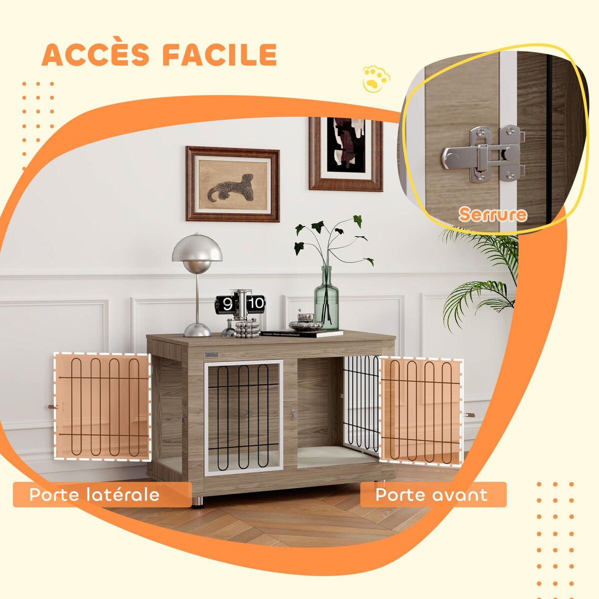 PAWHUT Cage pour chien sur pied - 2 portes verrouillables, coussin déhoussable inclus - acier filaire noir panneaux aspect bois brun