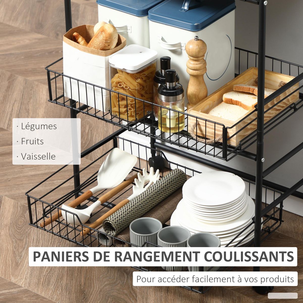 HOMCOM HOMCOM Desserte néo-rétro style industriel 2 paniers coulissants - métal noir plateau aspect bois de noyer