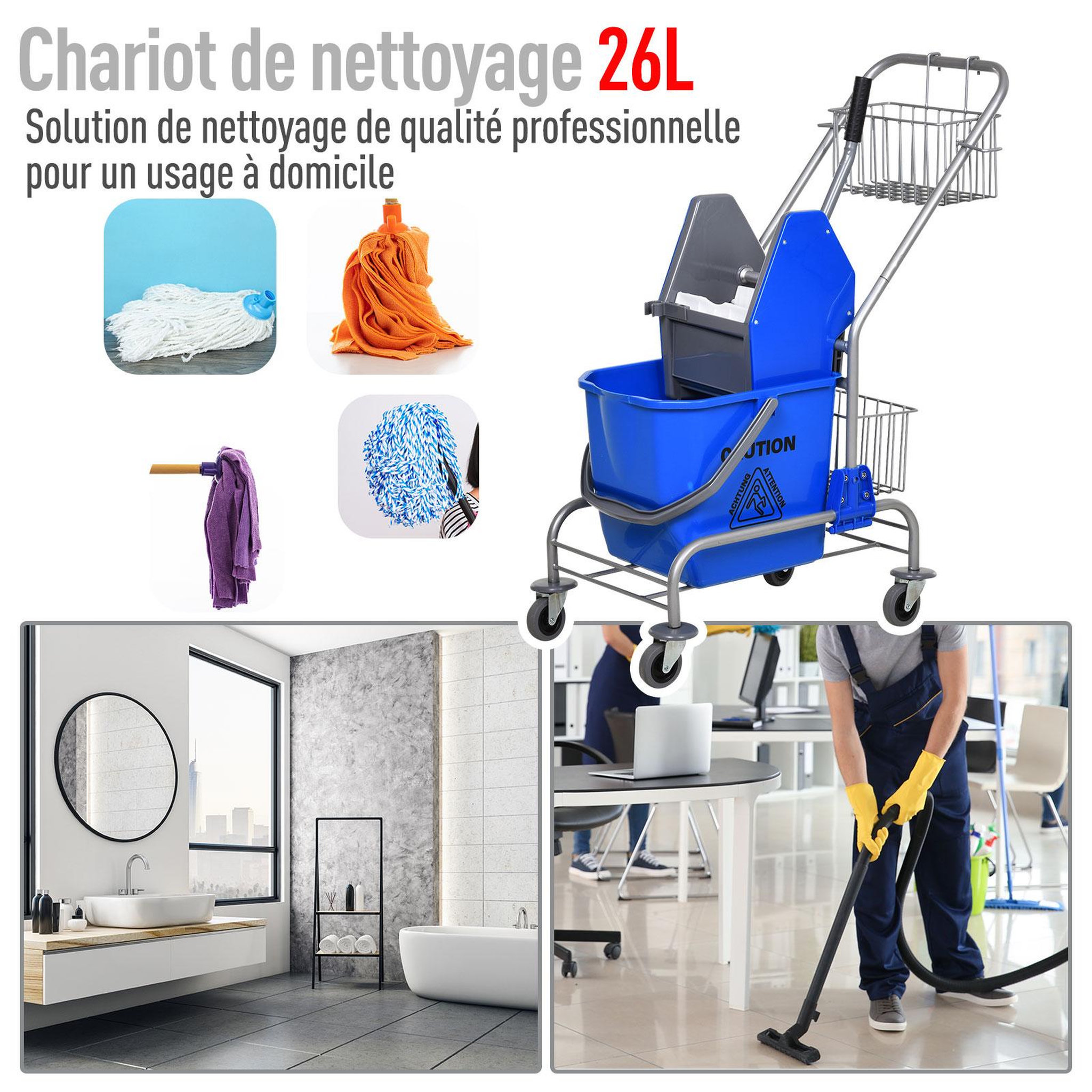 Voir la diapositive 4 : HOMCOM Chariot de lavage chariot de nettoyage professionnel en acier presse à mâchoire seau + rangements bleu